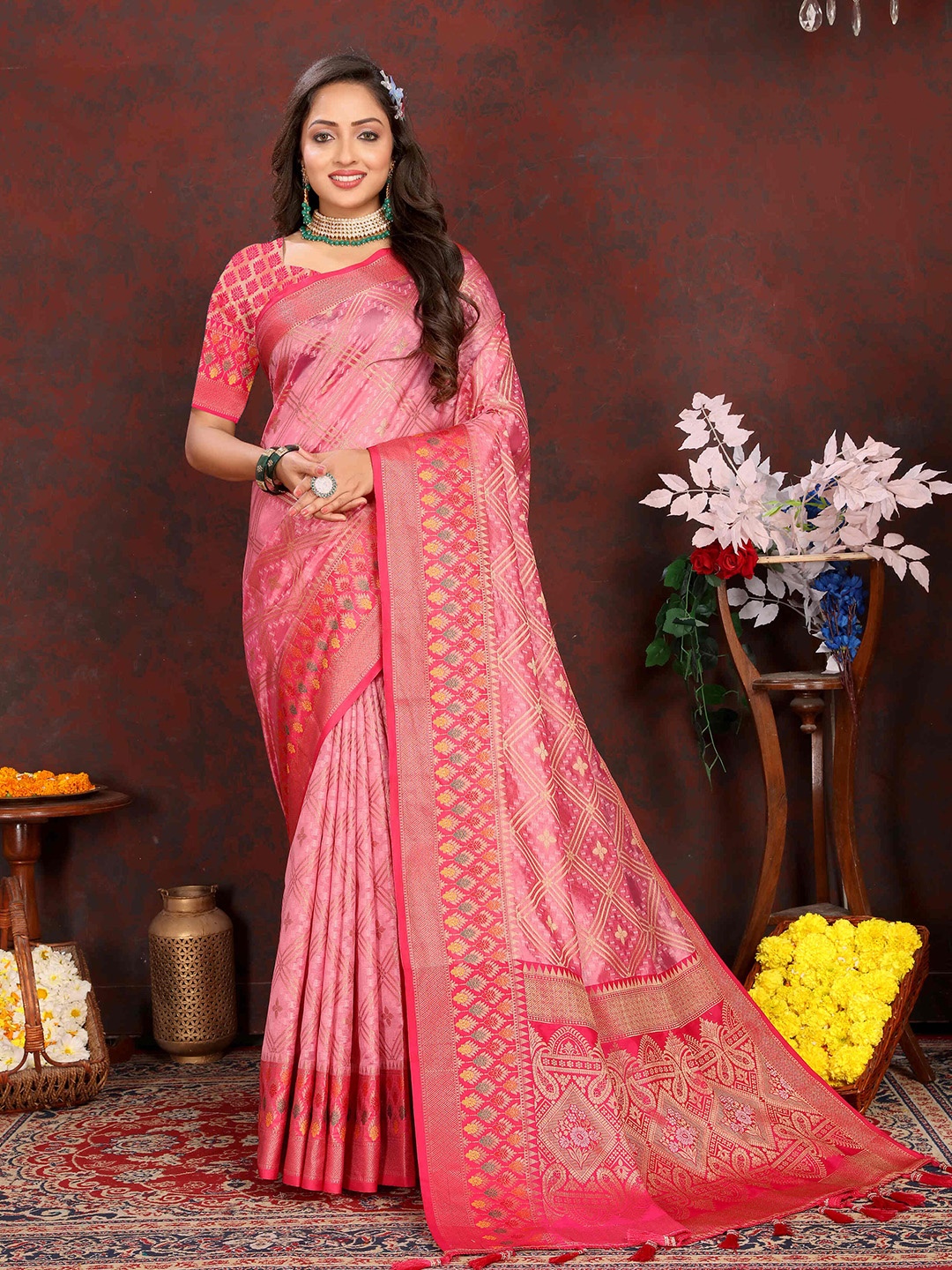 

PHEASANT Woven Design Zari Organza Patola Saree, Pink