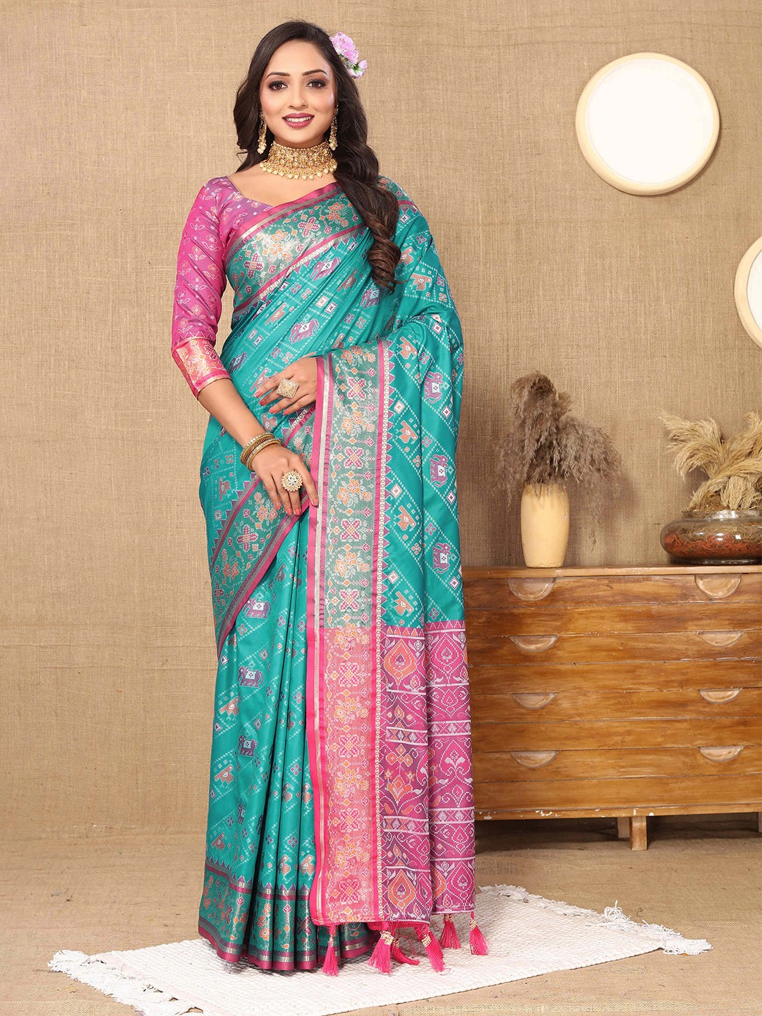 

PHEASANT Ethnic Motifs Woven Design Zari Patola Saree, Turquoise blue
