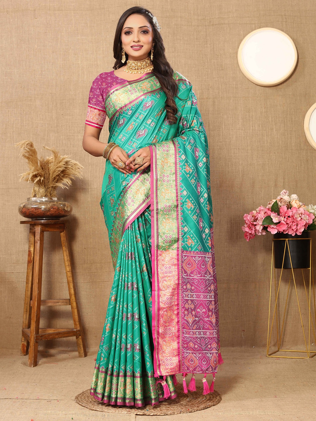 

PHEASANT Woven Design Zari Patola Saree, Teal