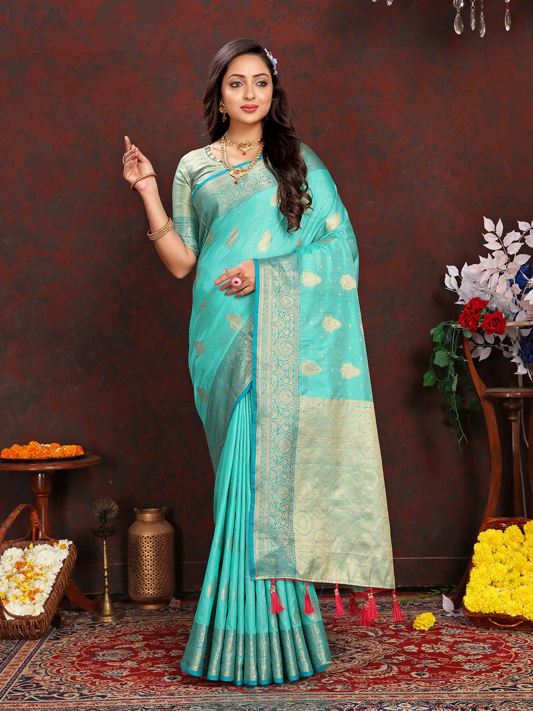 

PHEASANT Woven Design Zari Banarasi Saree, Turquoise blue