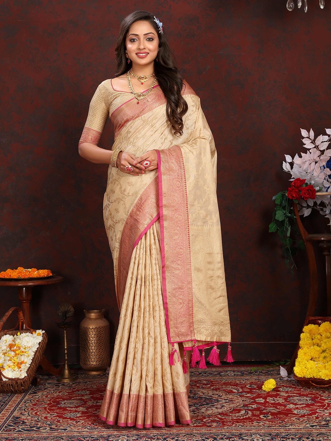 

PHEASANT Ethnic Motifs Woven Design Zari Banarasi Saree, Cream