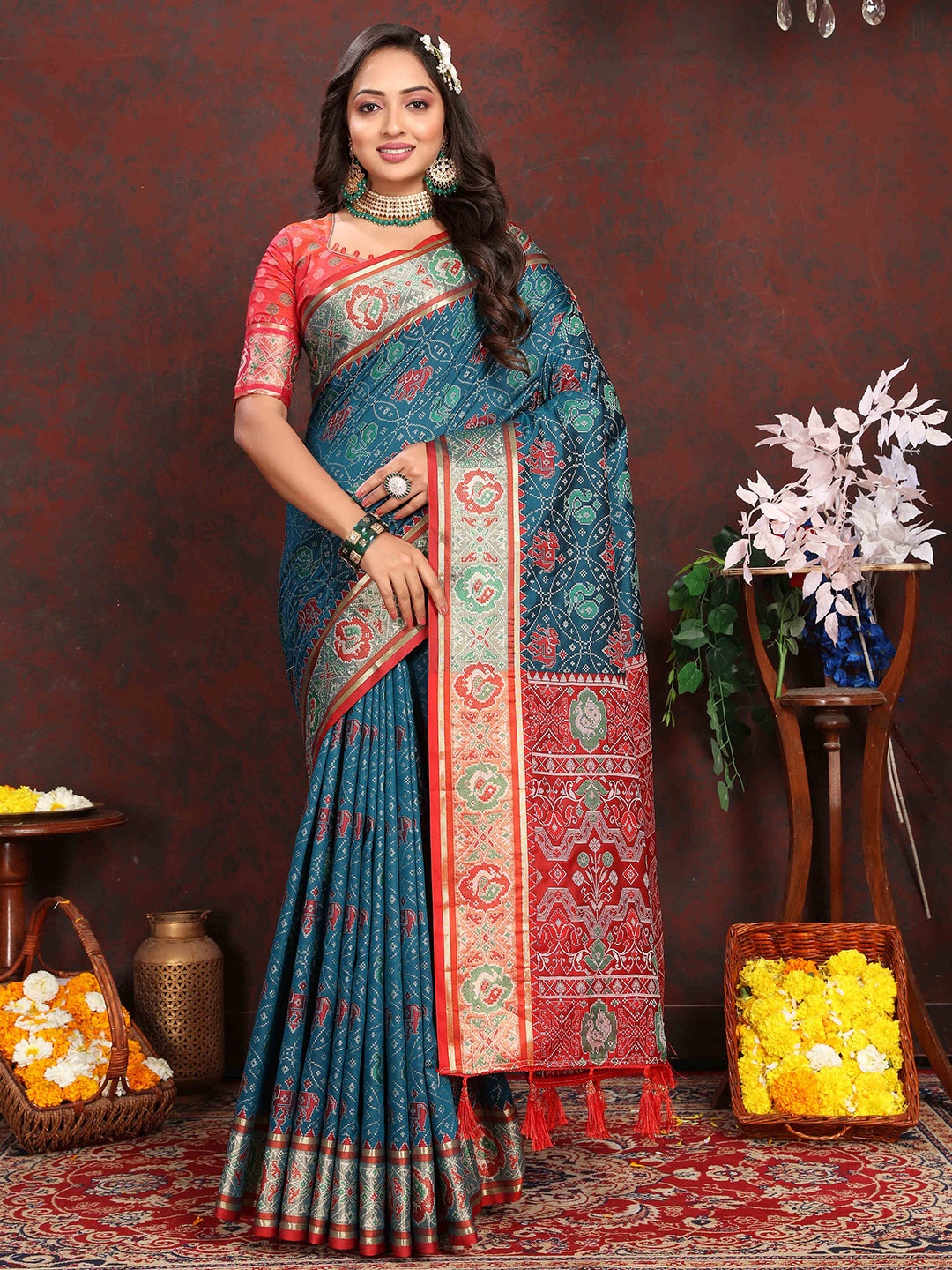 

PHEASANT Geometric Printed Patola Saree, Teal