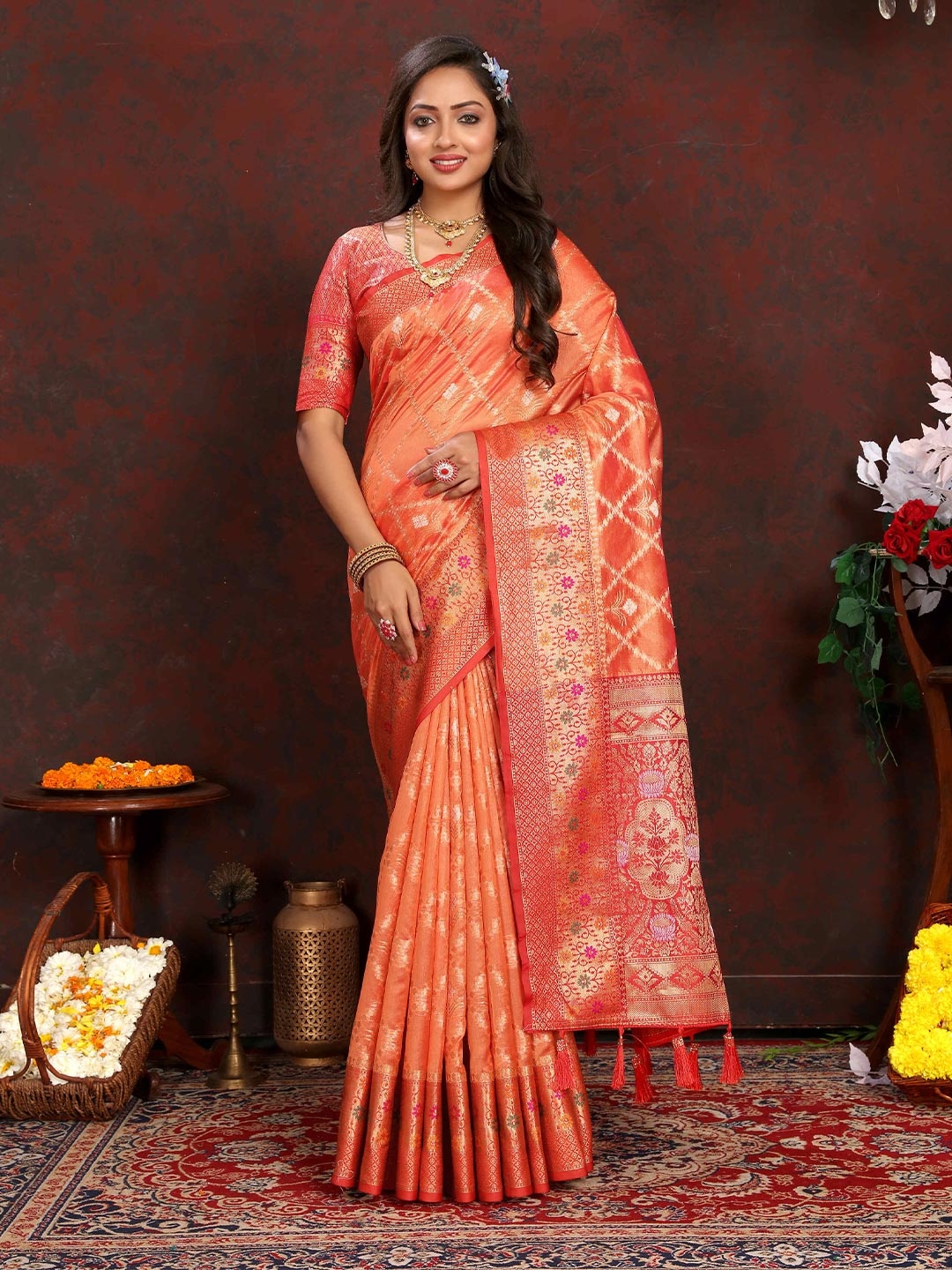 

PHEASANT Woven Design Zari Organza Banarasi Saree, Orange