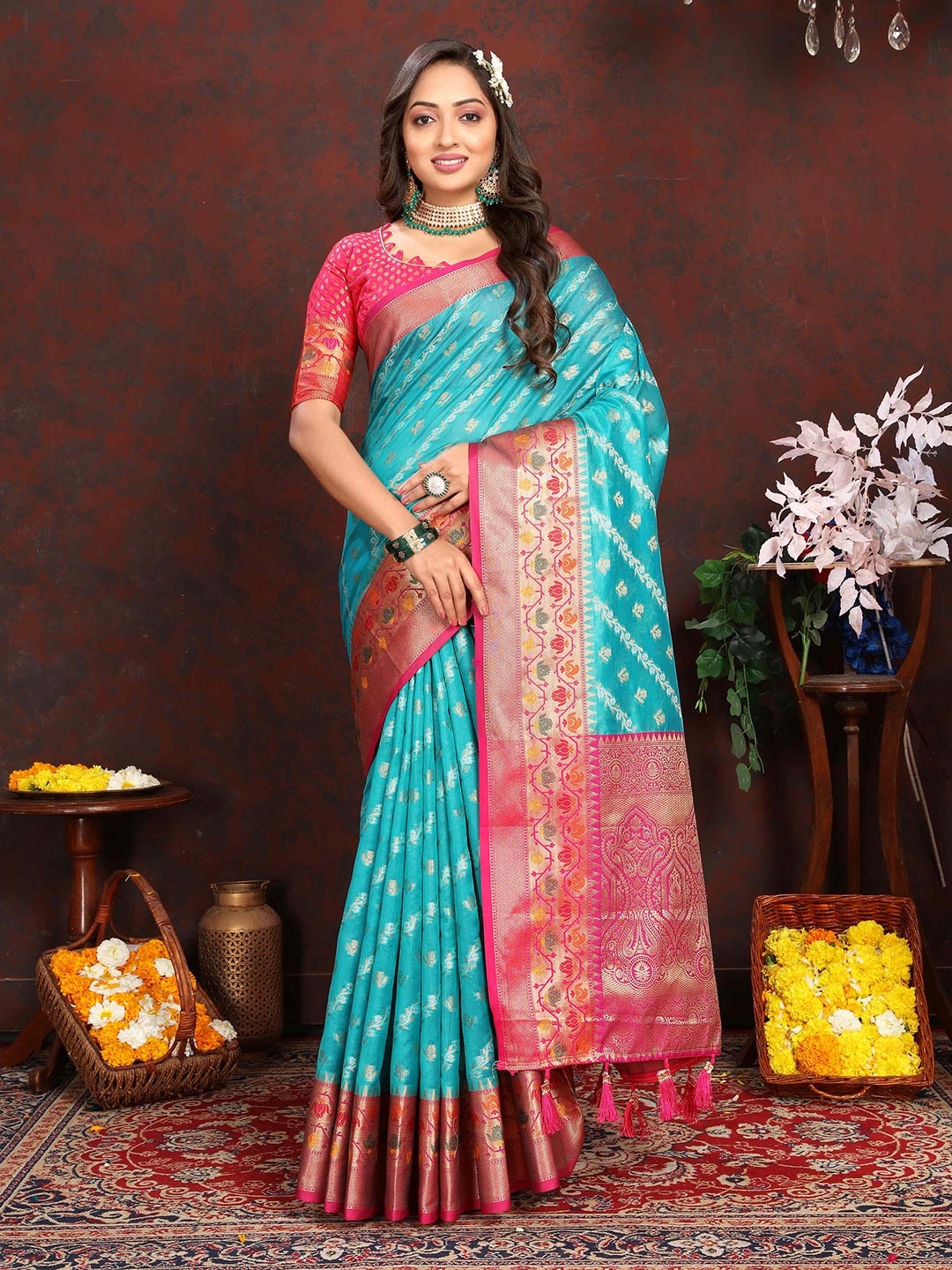 

PHEASANT Ethnic Motifs Woven Design Zari Organza Leheriya Saree, Turquoise blue