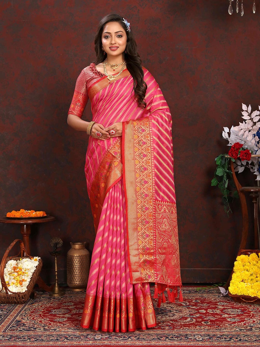 

PHEASANT Woven Design Zari Organza Leheriya Saree with Tassels, Rust