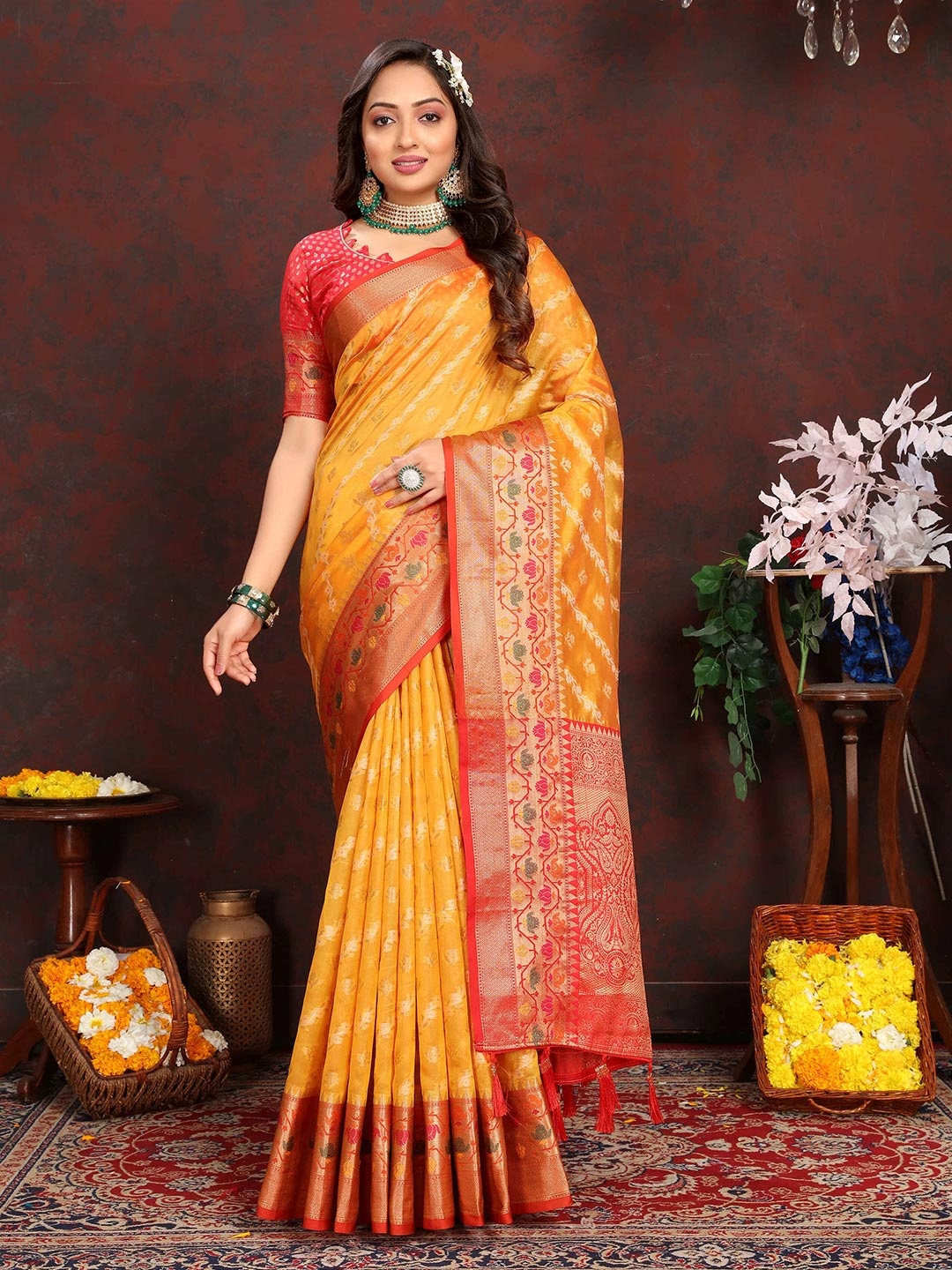 

PHEASANT Woven Design Zari Organza Leheriya Saree, Yellow