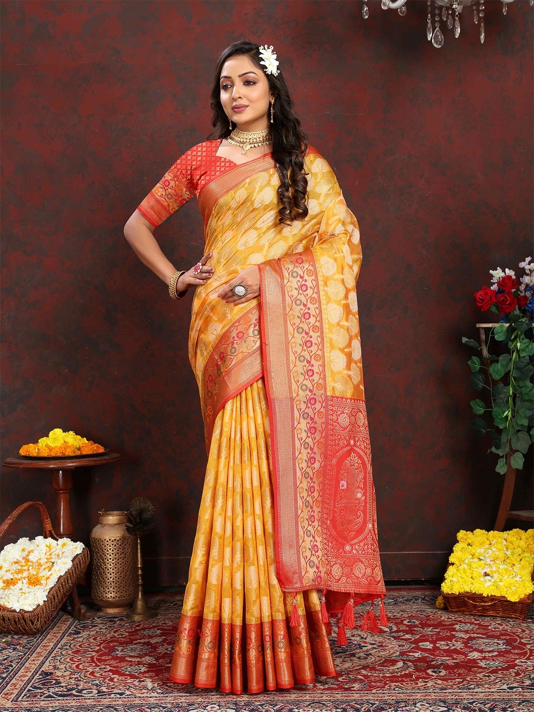

PHEASANT Ethnic Motifs Zari Organza Banarasi Saree, Yellow