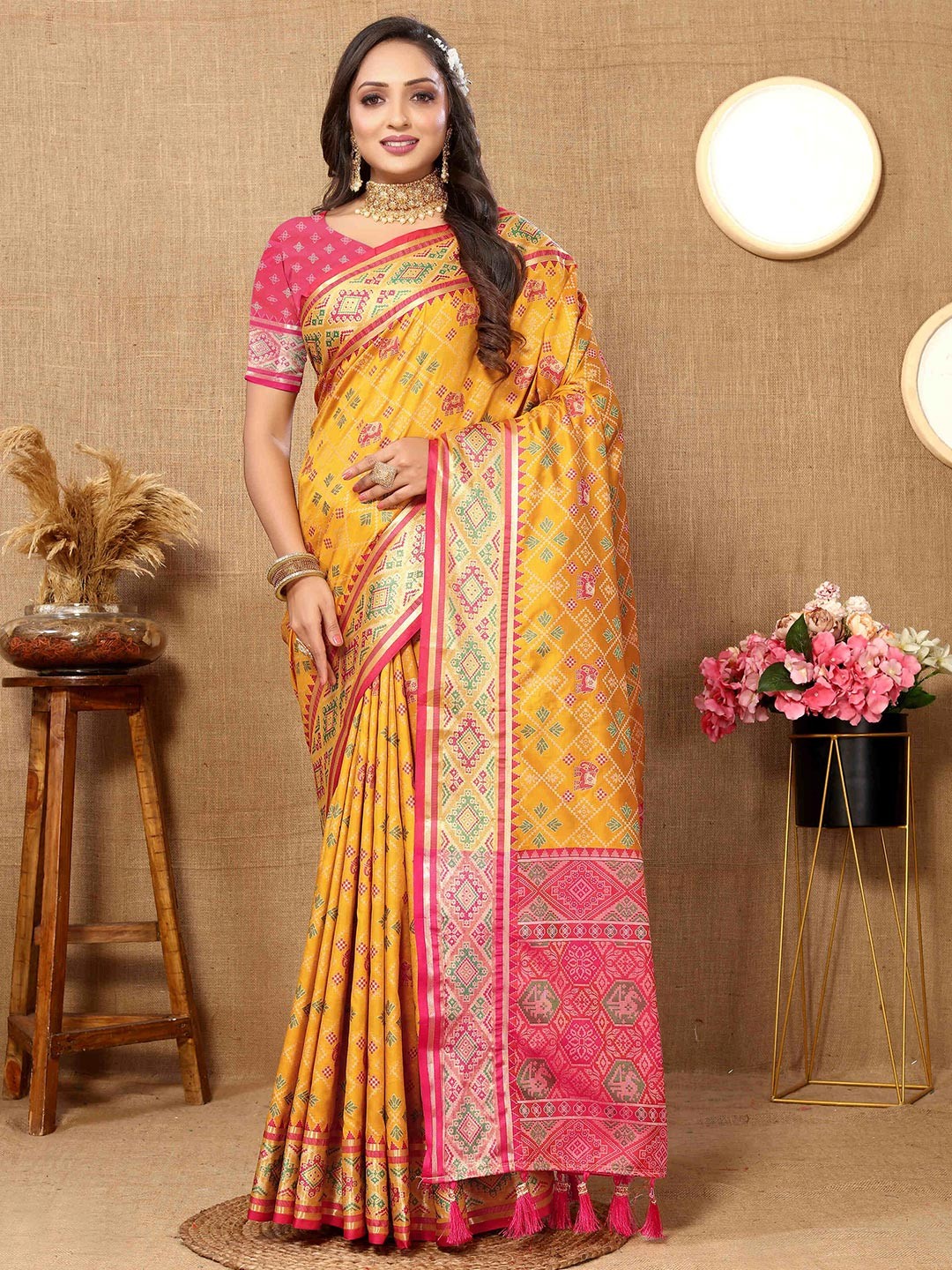 

PHEASANT Floral Schiffli Patola Saree, Yellow