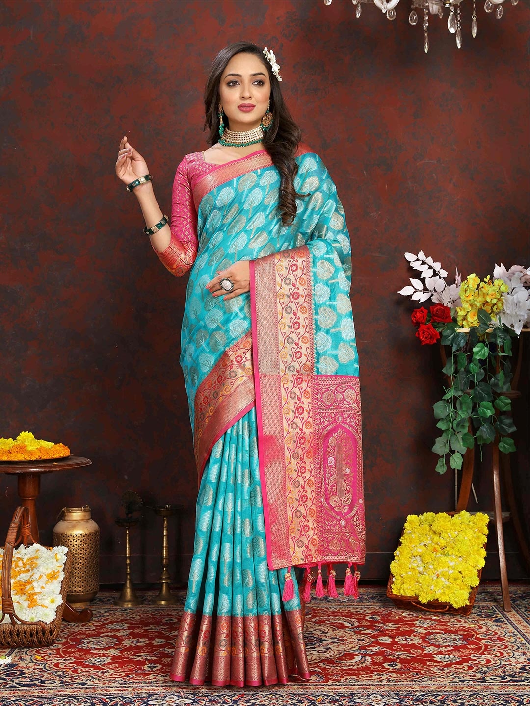 

PHEASANT Ethnic Motifs Woven Design Zari Organza Banarasi Saree, Turquoise blue