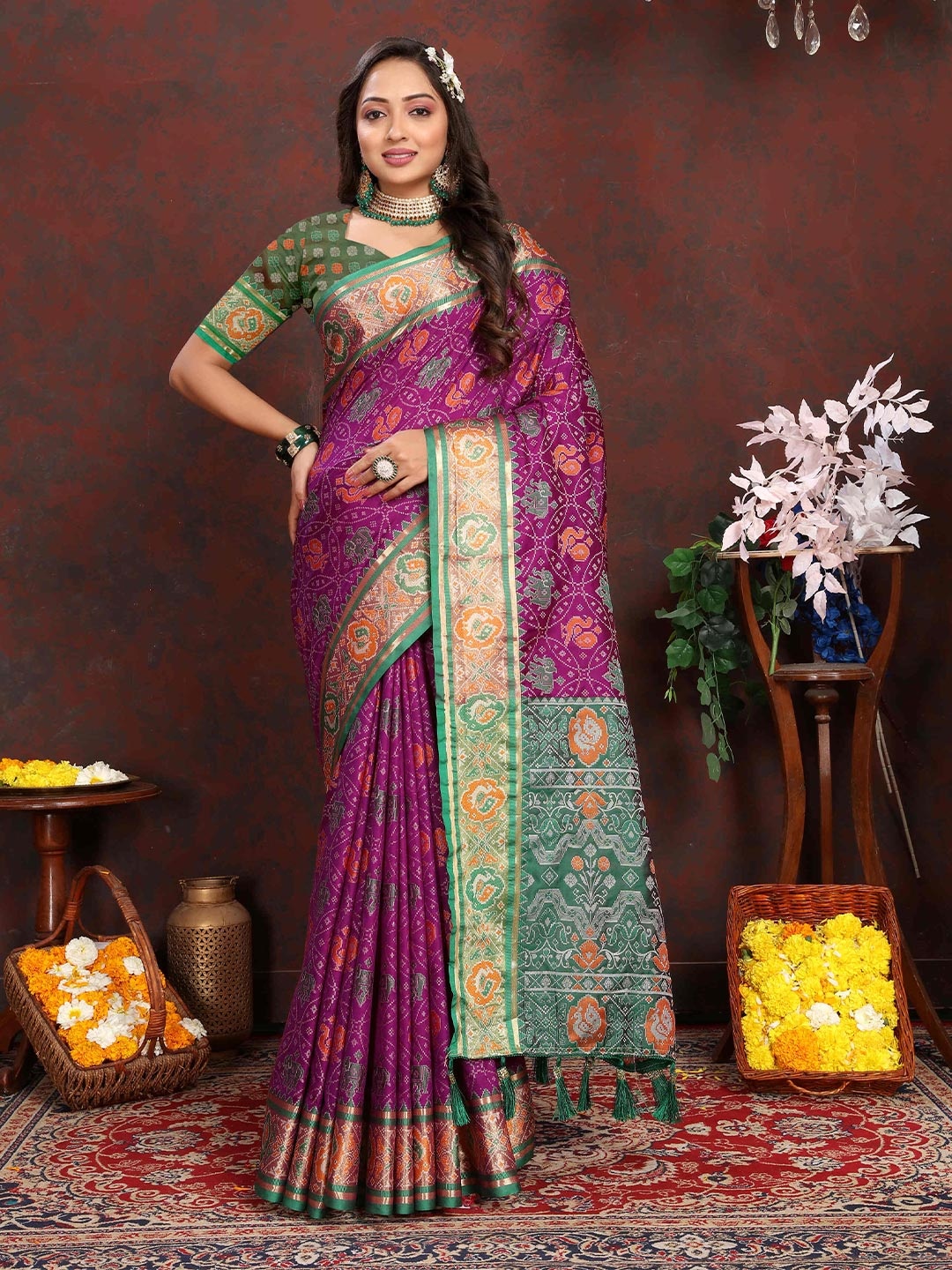 

PHEASANT Woven Design Zari Patola Saree, Purple