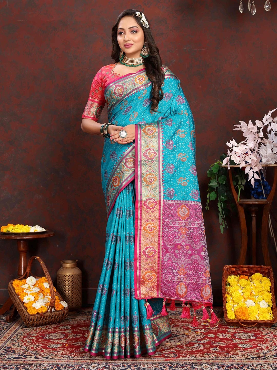 

PHEASANT Woven Design Zari Patola Saree, Turquoise blue