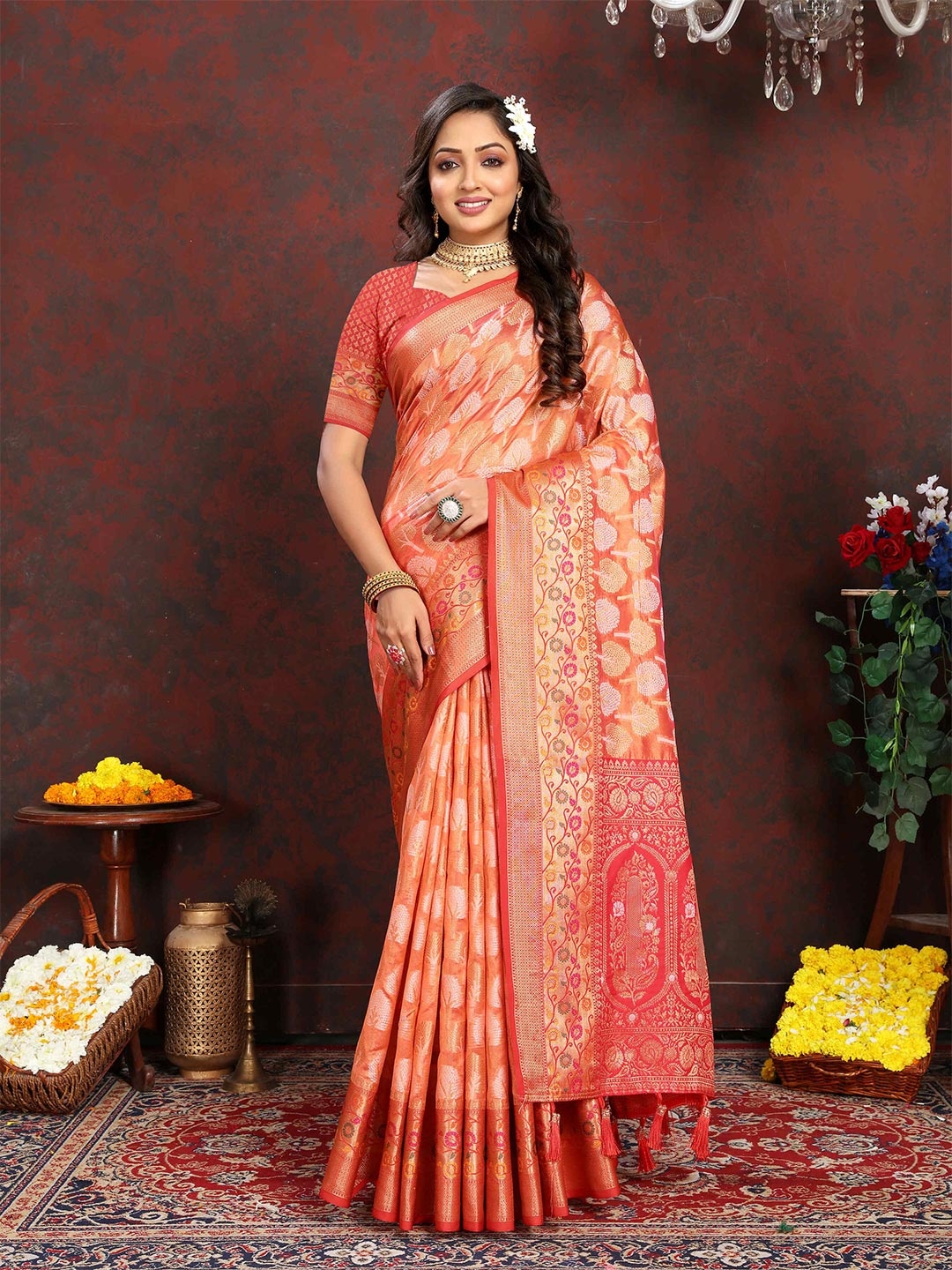 

PHEASANT Woven Design Zari Organza Banarasi Saree, Orange