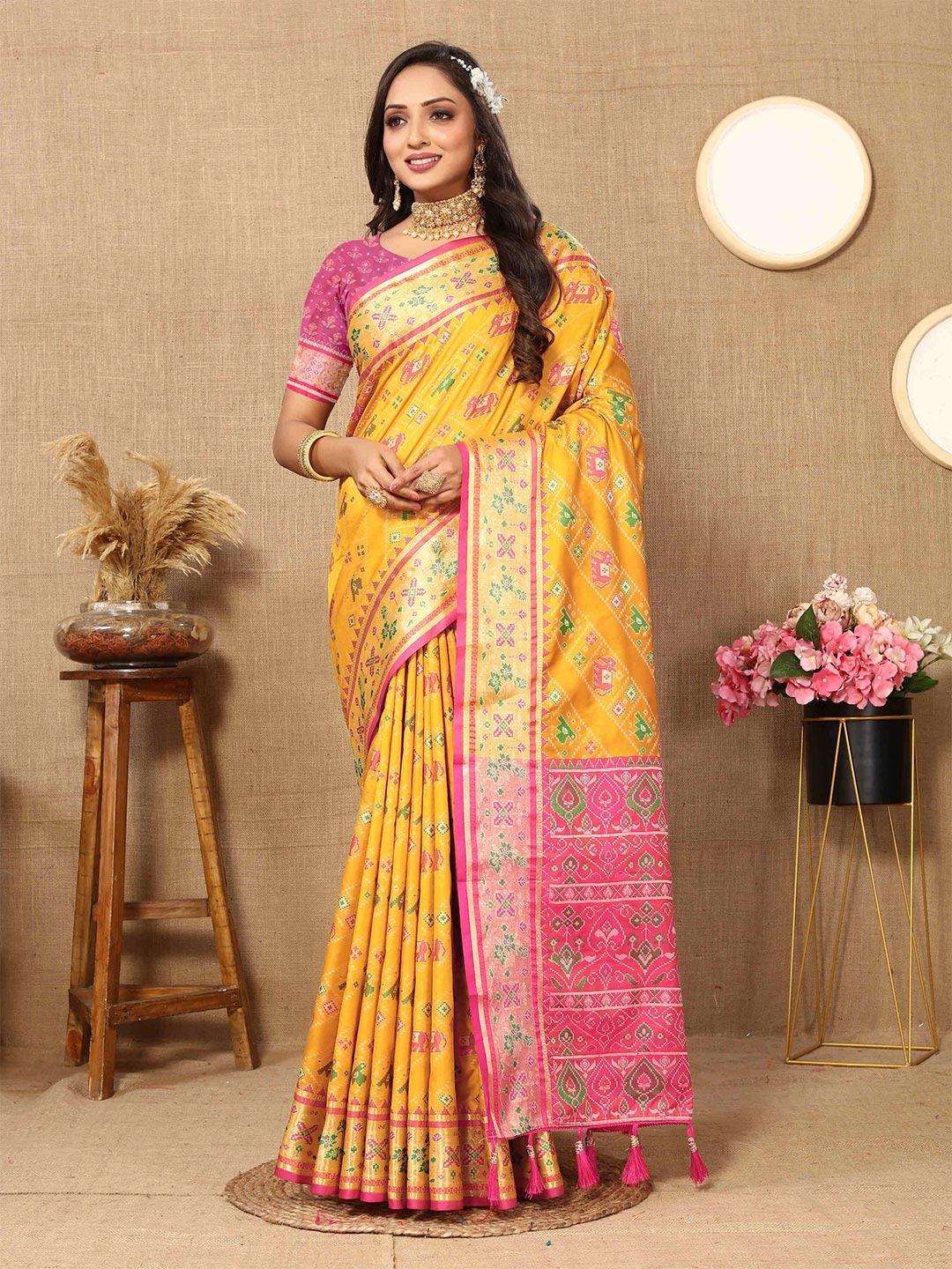 

PHEASANT Woven Design Zari Patola Saree, Yellow