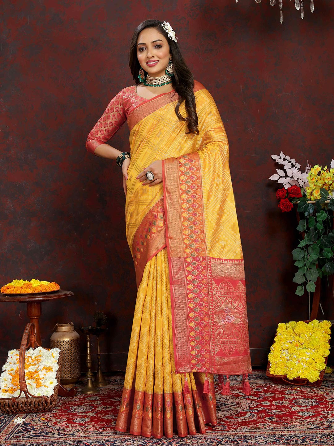 

PHEASANT Woven Design Zari Organza Patola Saree, Yellow
