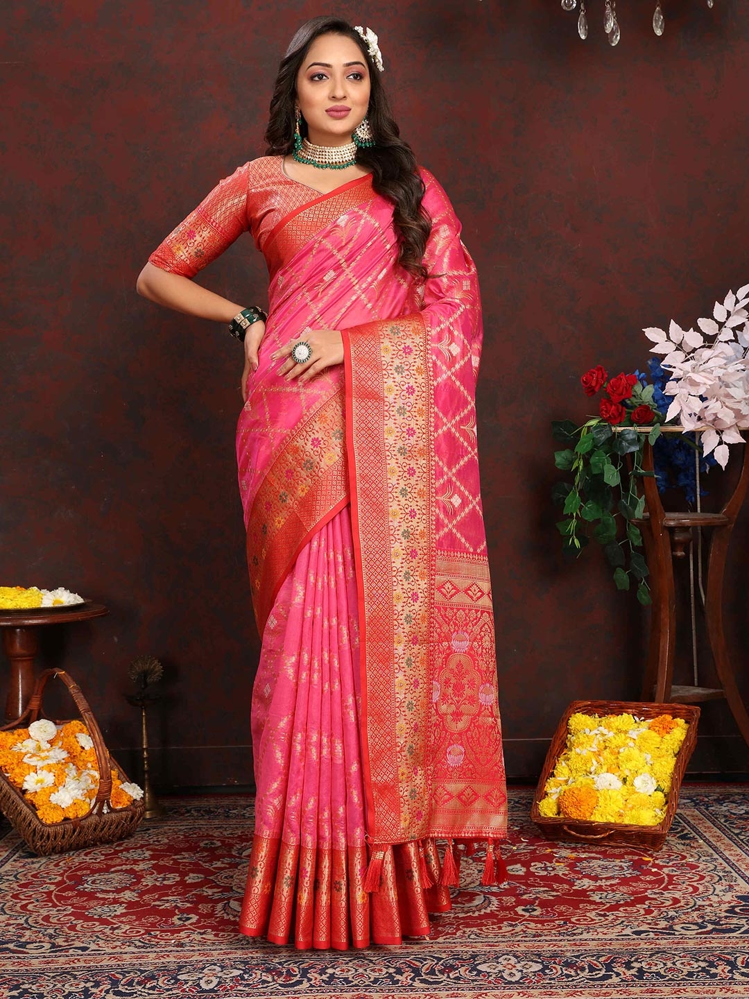 

PHEASANT Woven Design Zari Organza Banarasi Saree, Rust