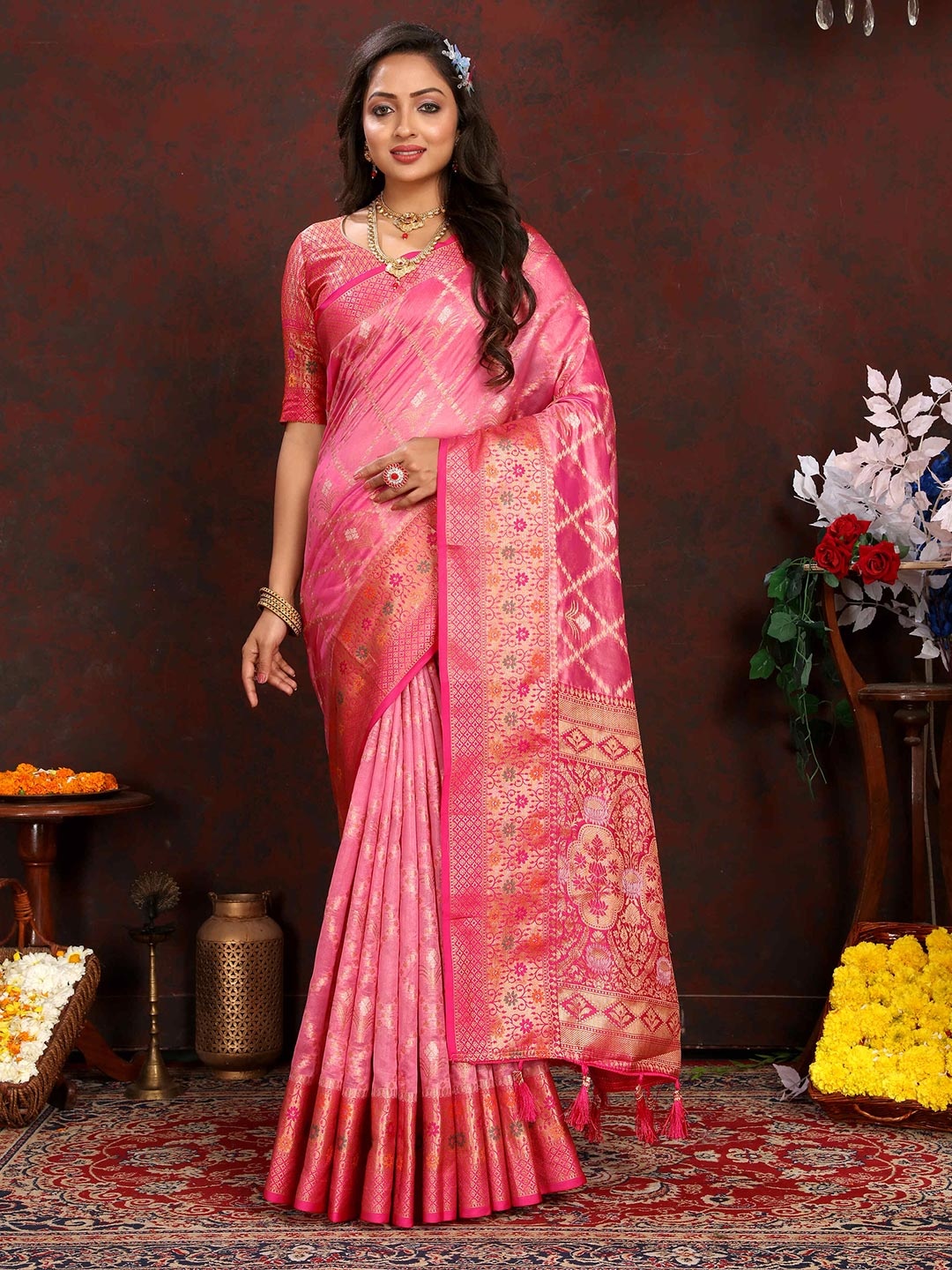 

PHEASANT Woven Design Zari Organza Banarasi Saree with Unstitched Blouse, Pink