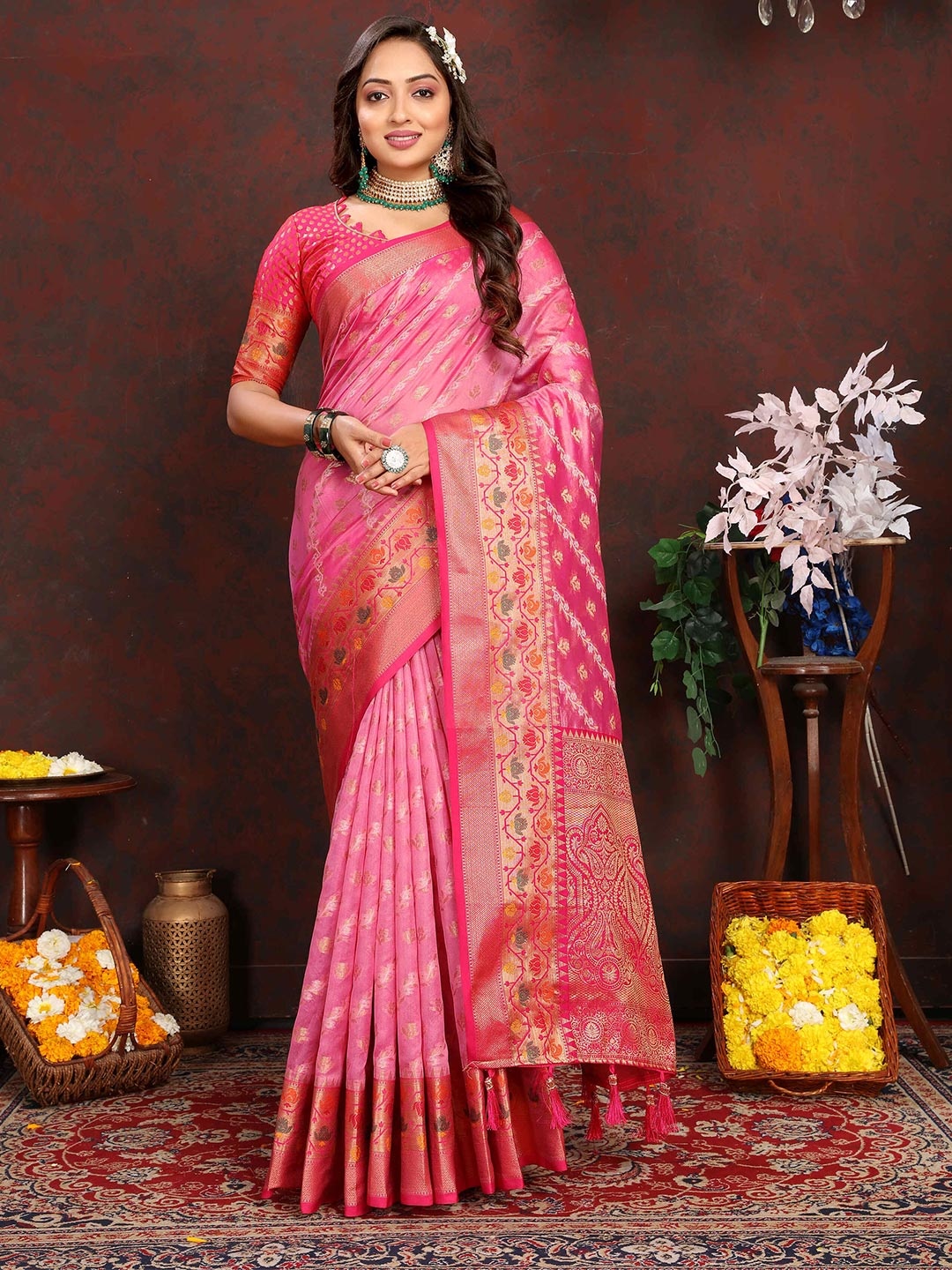 

PHEASANT Woven Design Zari Organza Leheriya Saree, Pink