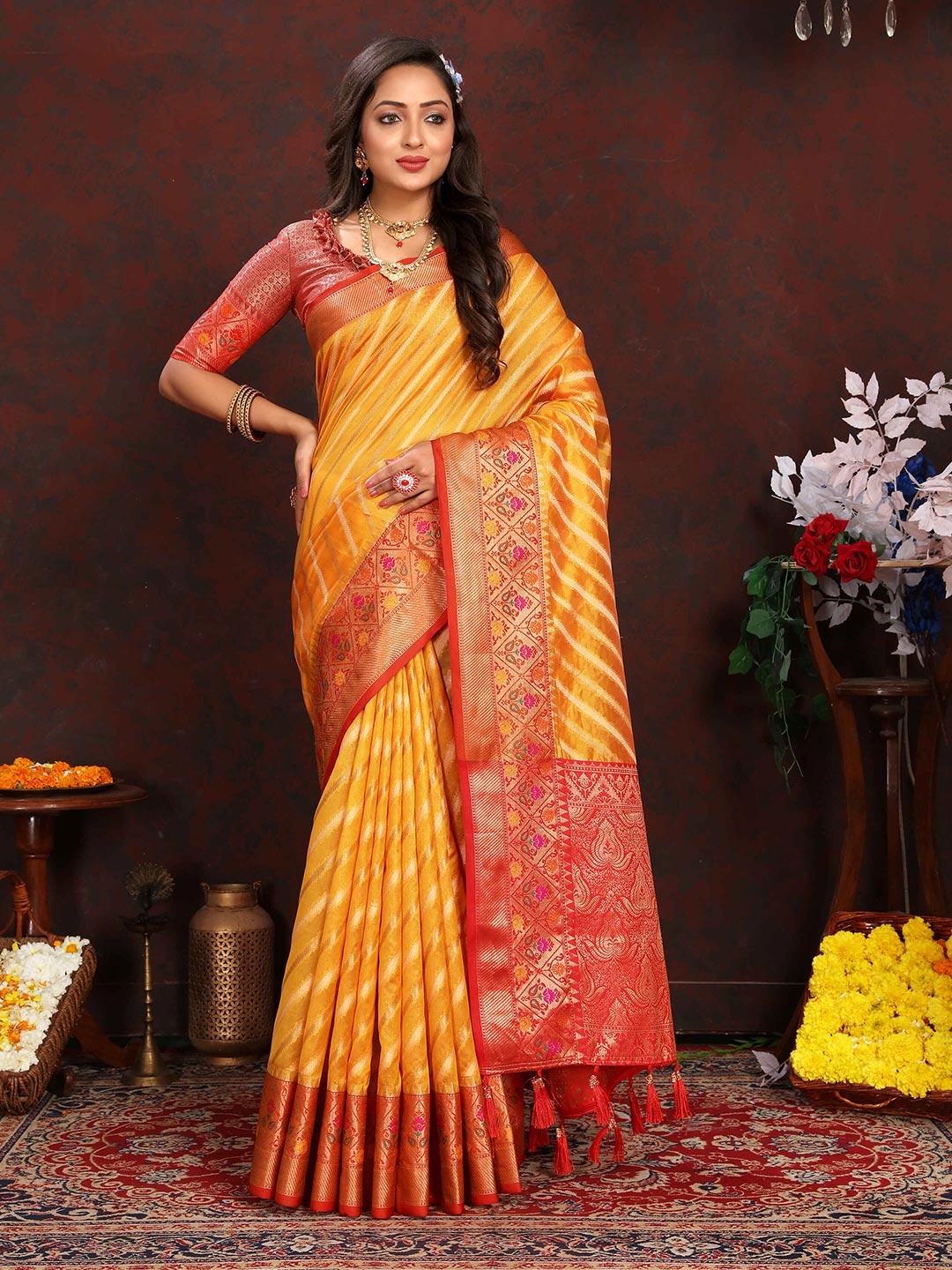 

PHEASANT Woven Design Organza Saree, Yellow