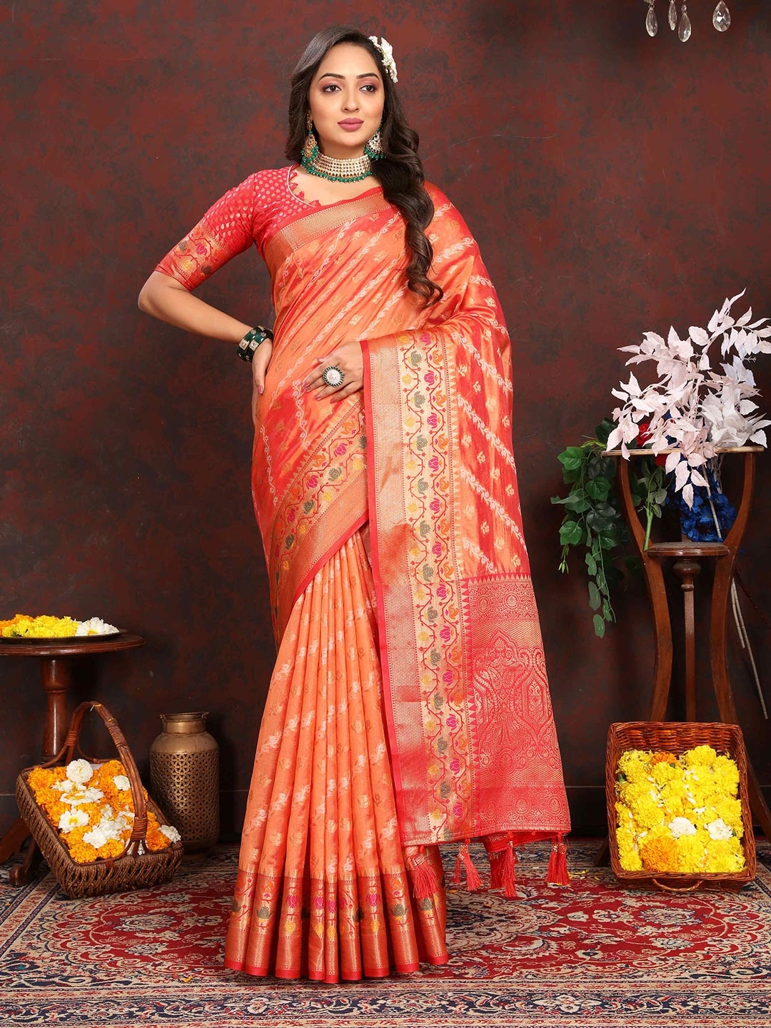 

PHEASANT Woven Design Zari Organza Leheriya Saree, Orange