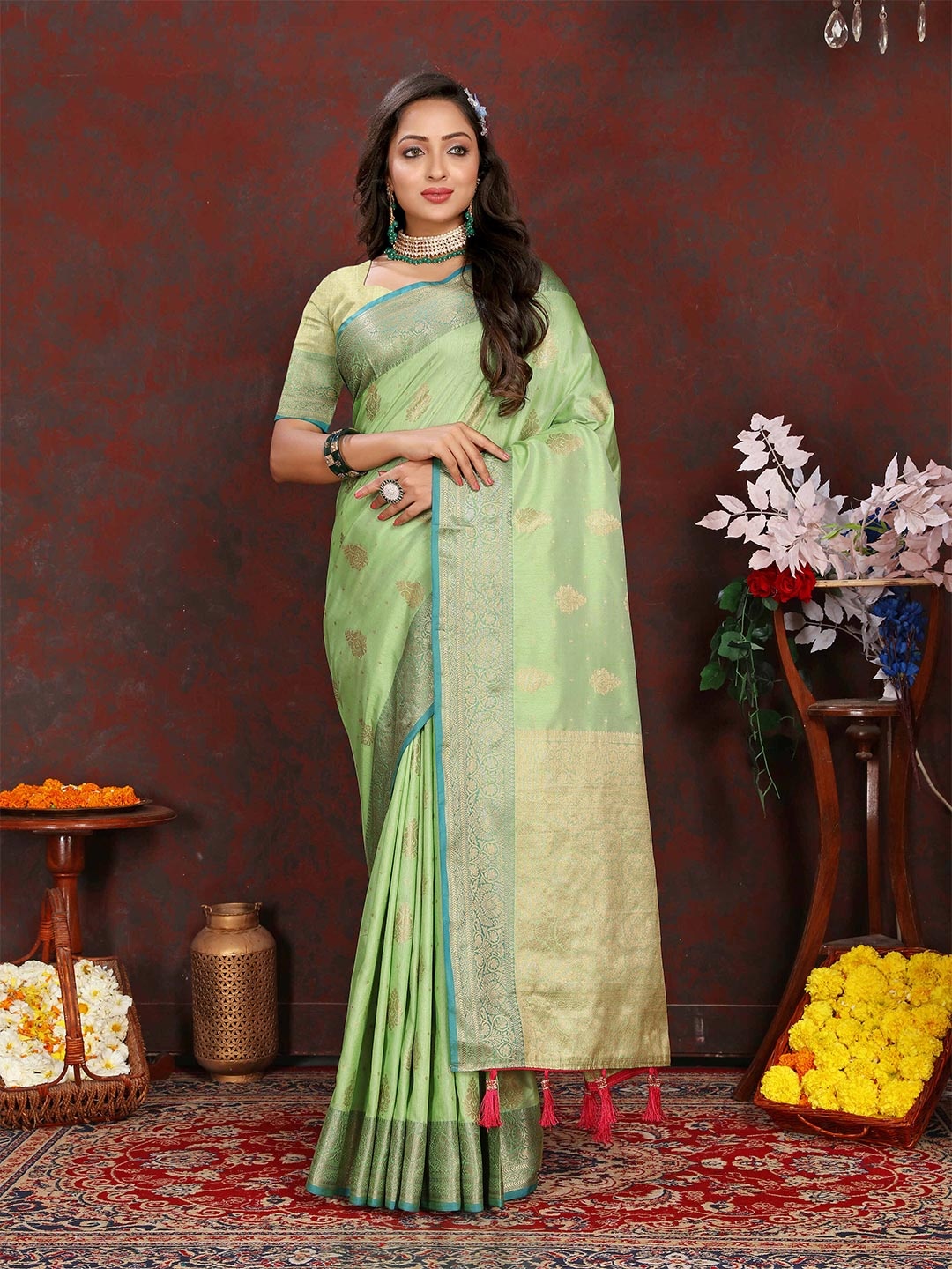 

PHEASANT Paisley Zari Banarasi Saree, Sea green