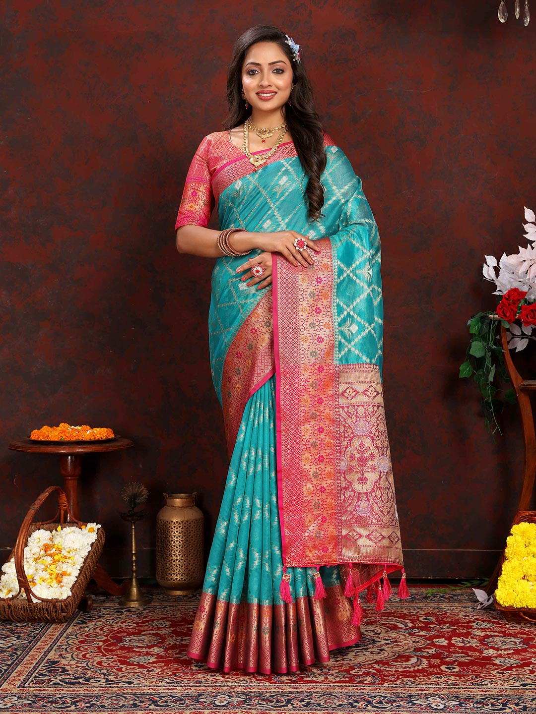 

PHEASANT Zari Organza Silk Banarasi Saree, Turquoise blue