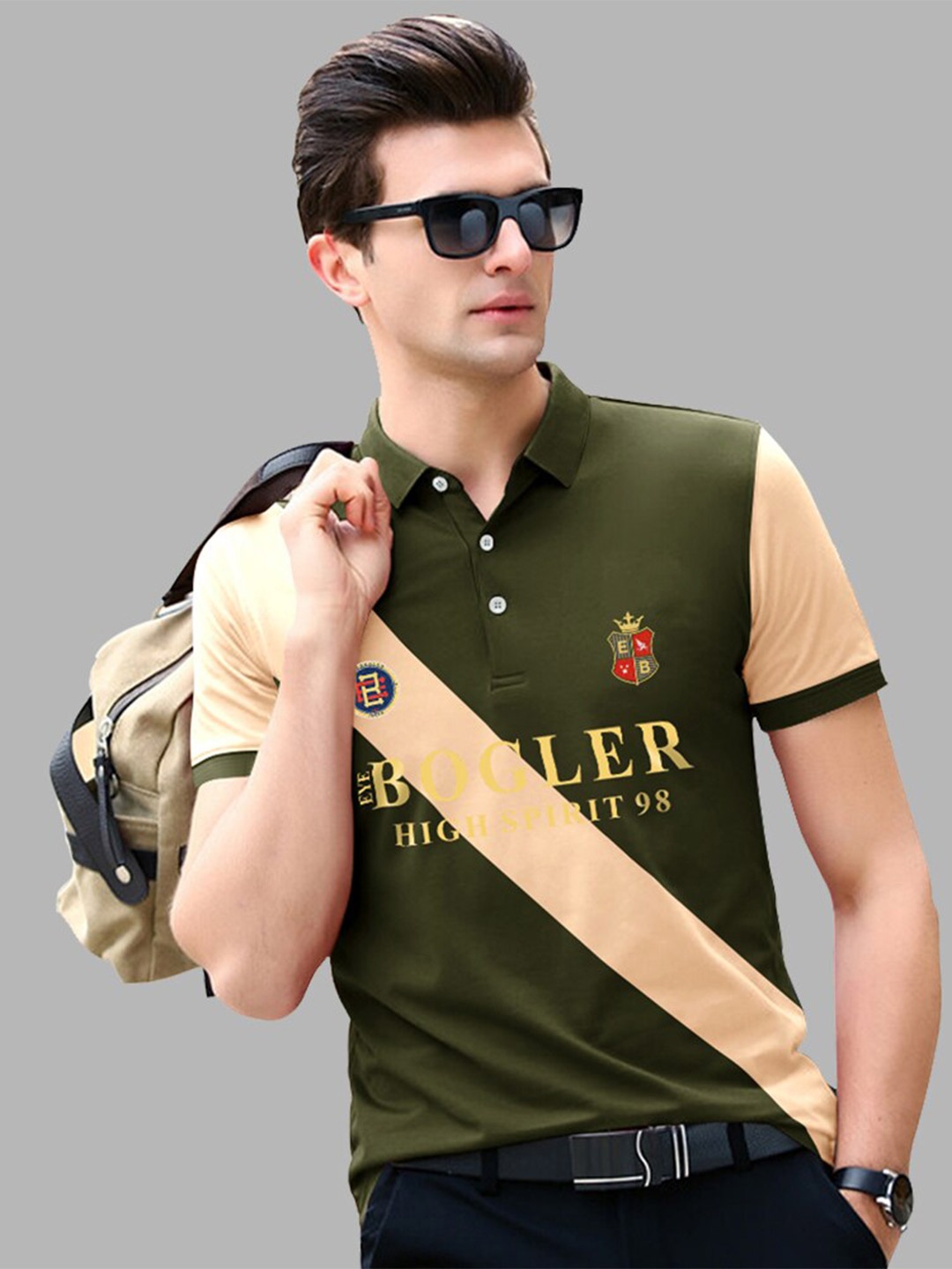 

Eyebogler Colourblocked Polo Collar Cotton T-shirt, Olive