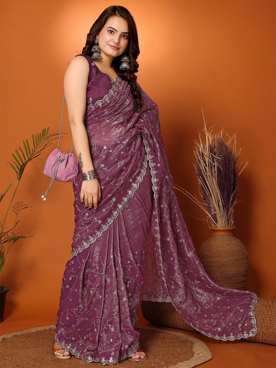 

FABMORA Floral Embroidered Tissue Saree, Purple