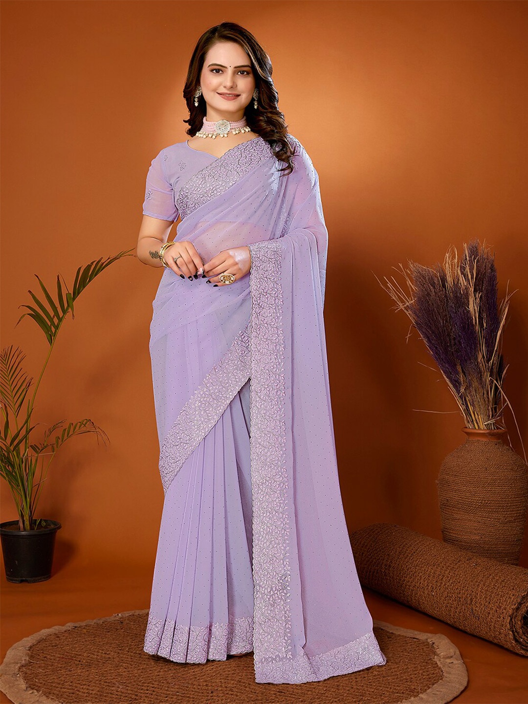 

FABMORA Embellished Beads and Stones Saree, Lavender