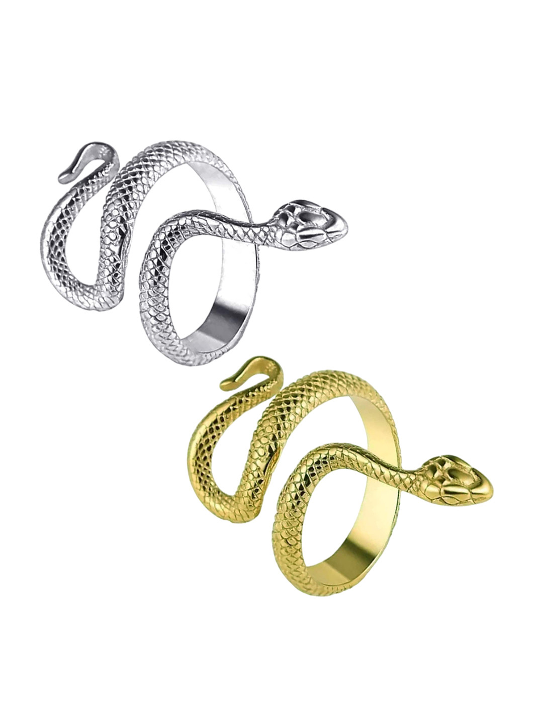 

Okos Set Of 2 Textured Snake-Shaped Adjustable Finger Rings, Silver