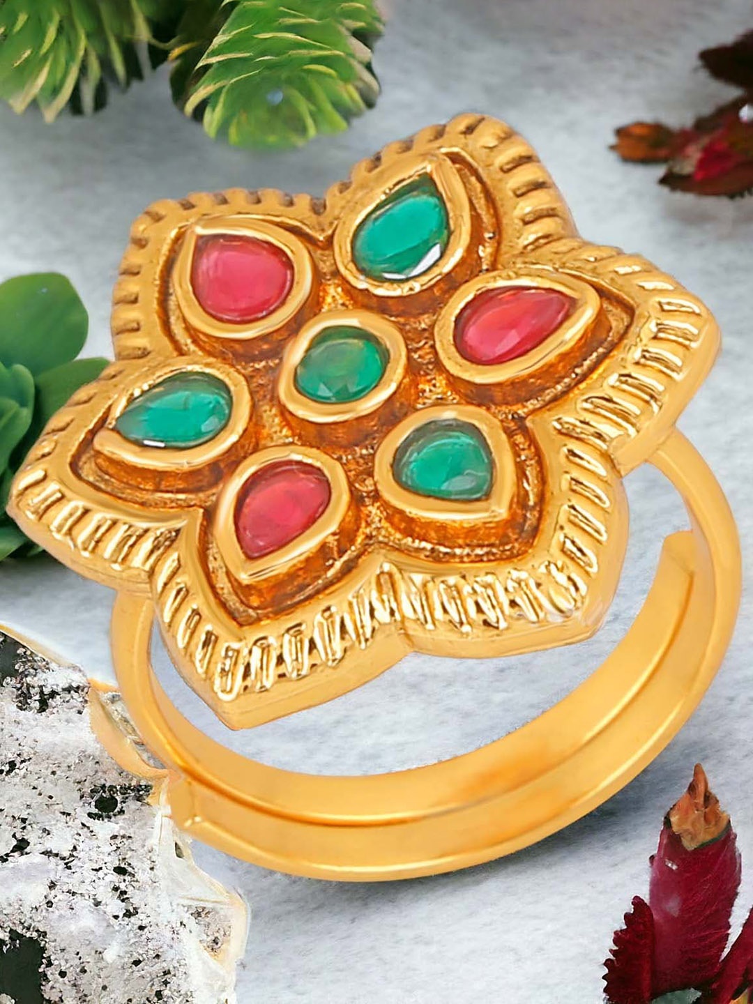 

Okos Gold-Plated Kundan-Studded Adjustable Finger Ring