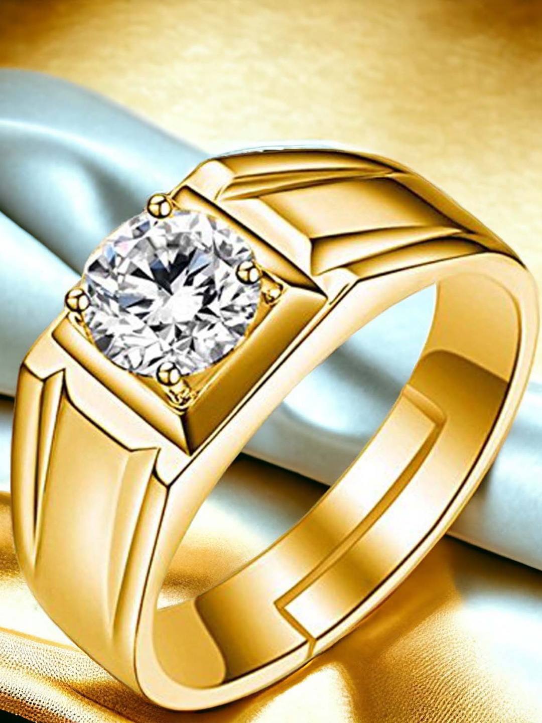 

Okos Men Gold-Plated Cubic Zirconia-Studded Adjustable Classic Finger Ring