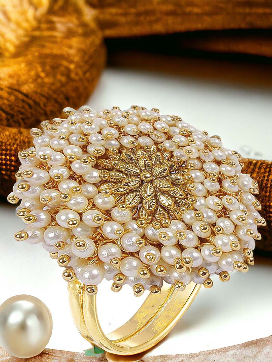 

Okos Gold-Plated Beaded Adjustable Finger Ring