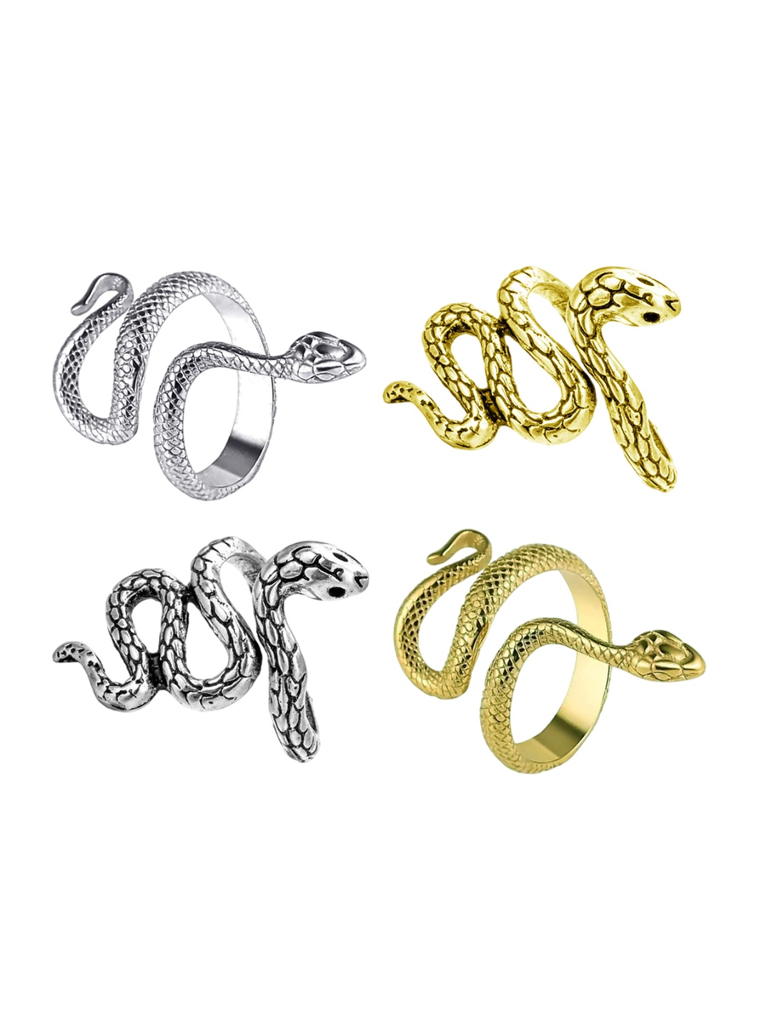 

Okos Set Of 4 Textured Snake-Shaped Adjustable Finger Rings, Silver