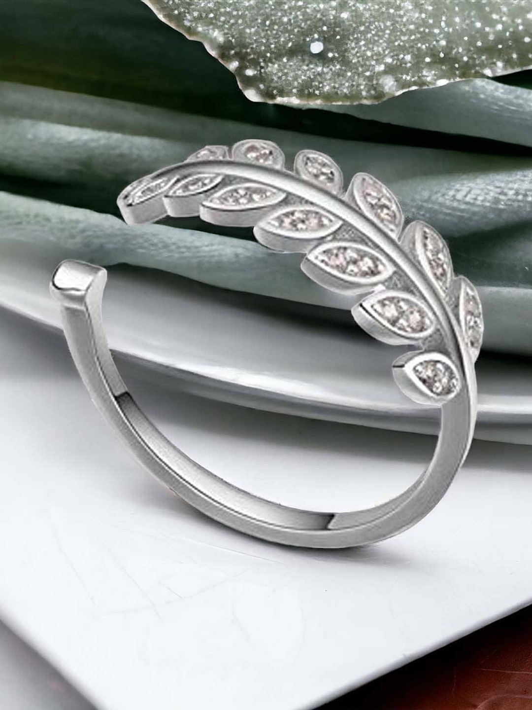 

Okos Rhodium-Plated Cubic Zirconia-Studded Leaf Shaped Adjustable Finger Ring, Silver