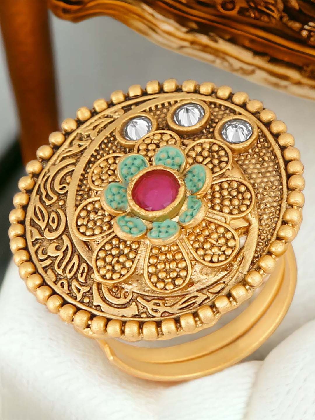 

Okos Gold-Plated Kundan-Studded Meenakari Adjustable Finger Ring