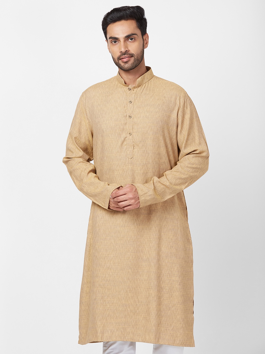 

Ethnix by Raymond Self Design Thread Work Mandarin Collar Straight Kurta, Yellow