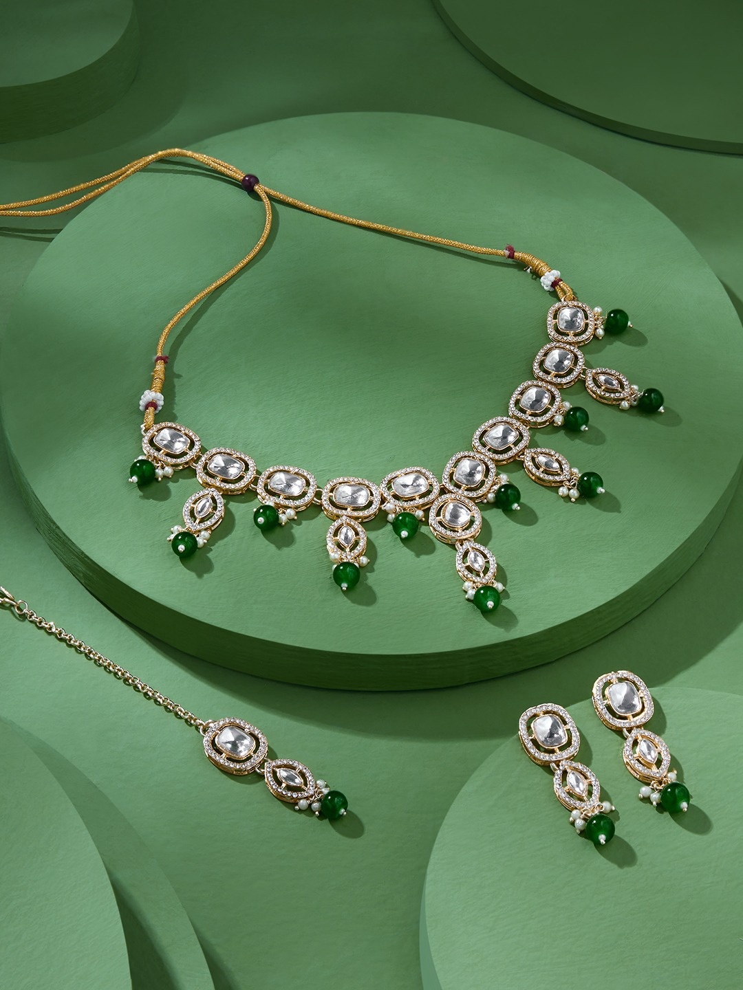 

Zaveri Pearls Gold Plated AD Studded & Beaded Jewellery Set, Green