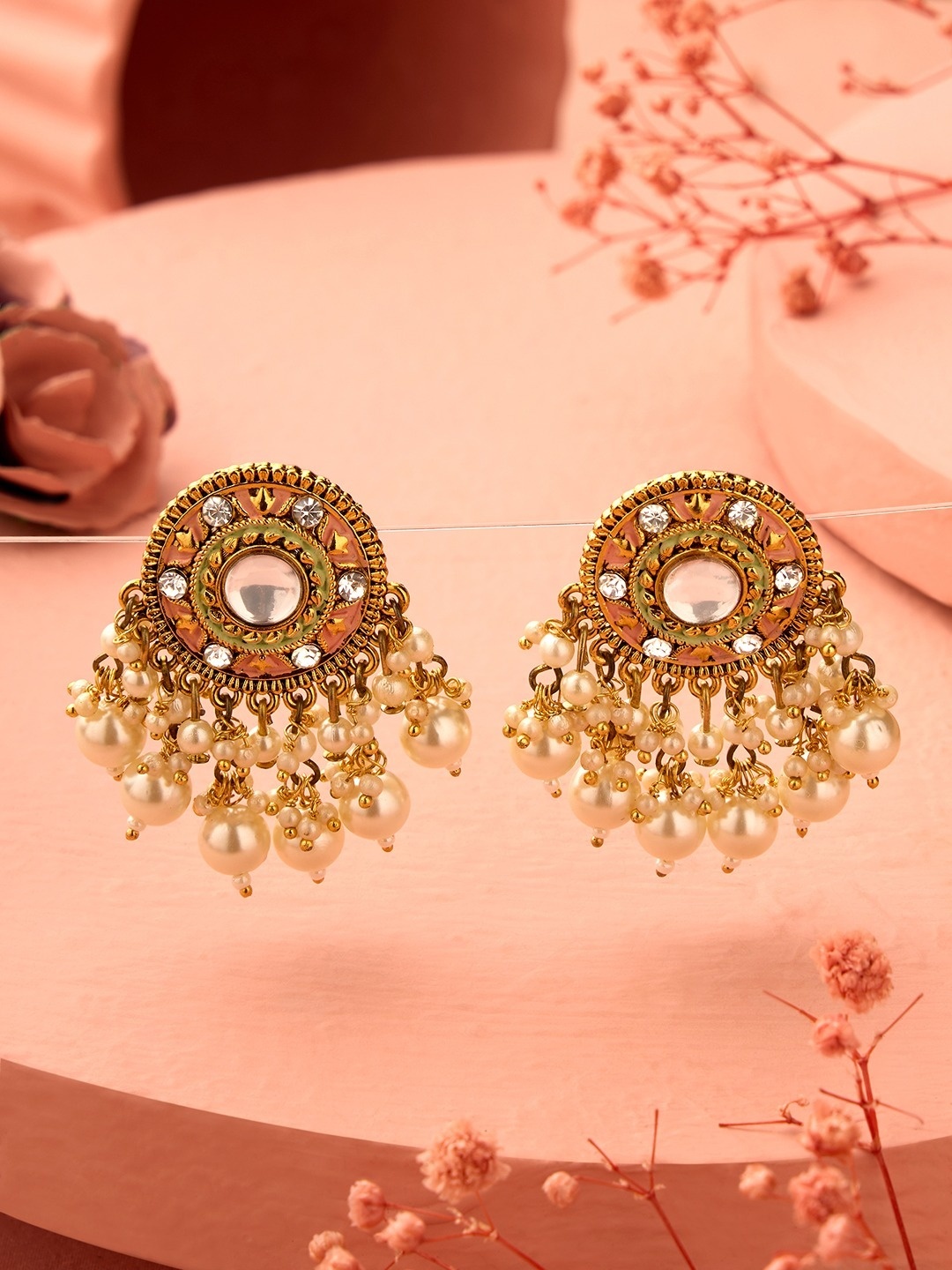 

Zaveri Pearls Gold-Plated Meenakari Pearls Drop Earrings