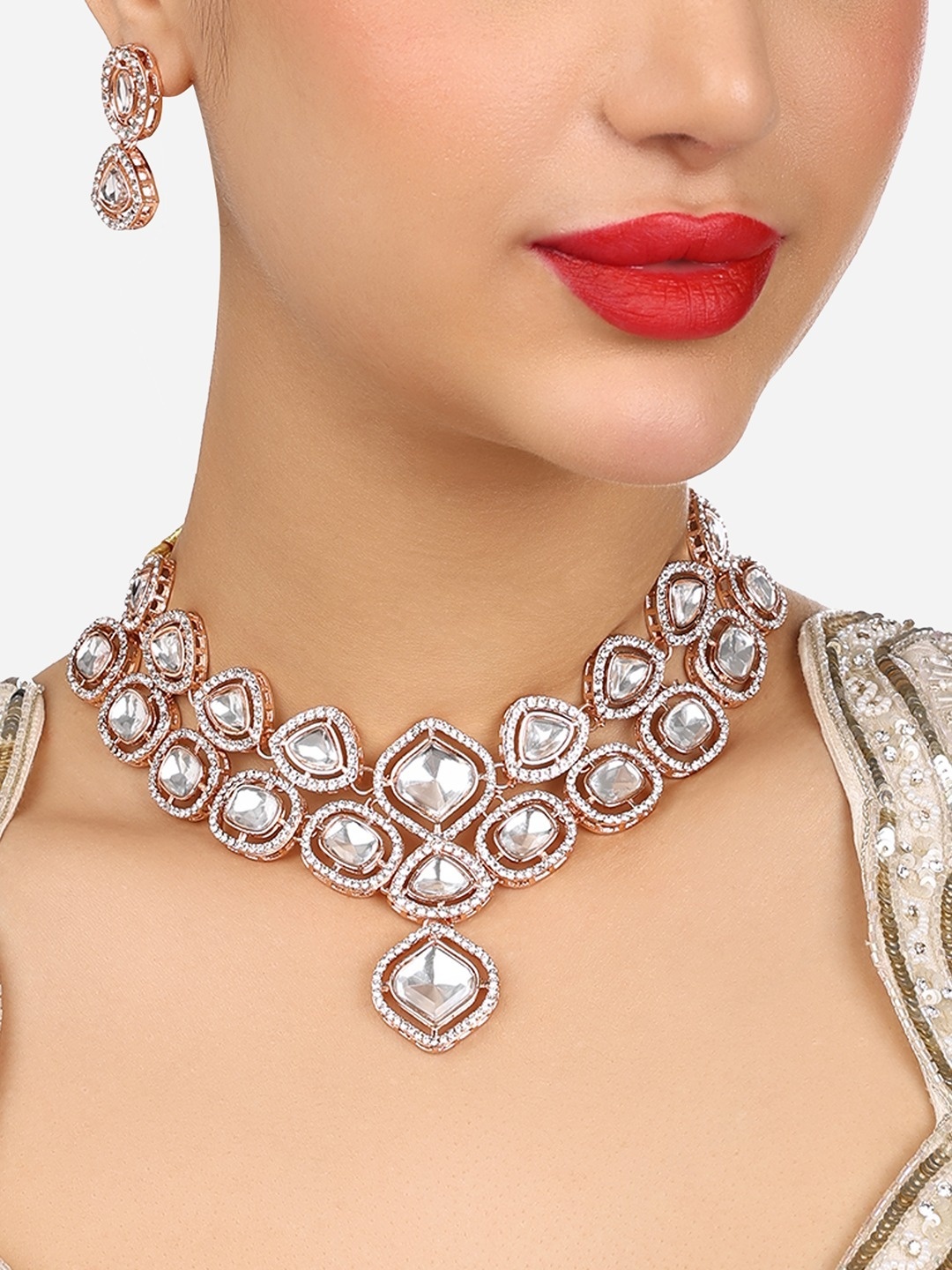 

Zaveri Pearls Rose Gold Plated Austrian Diamonds Studded Jewellery Set