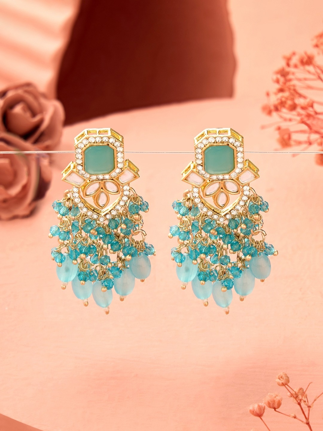 

Zaveri Pearls Gold Plated Austrian Diamond Studded Drop Earrings, Turquoise blue