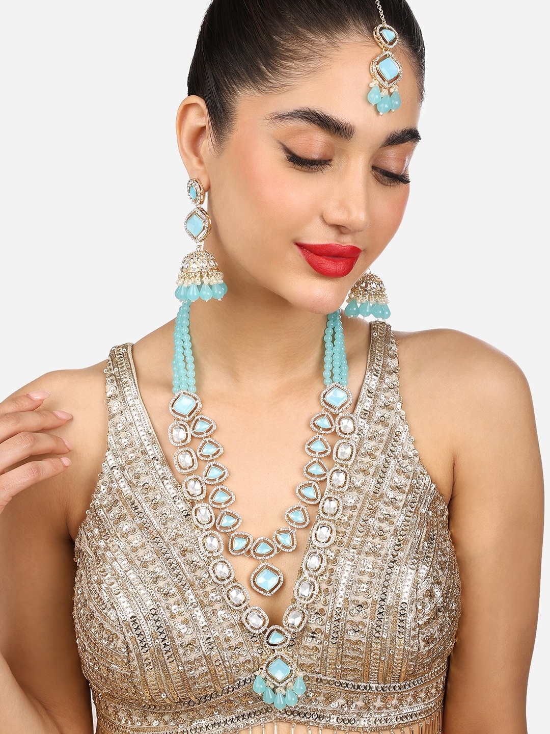 

Zaveri Pearls Gold Plated Austrian Diamonds Studded & Beaded Jewellery Set