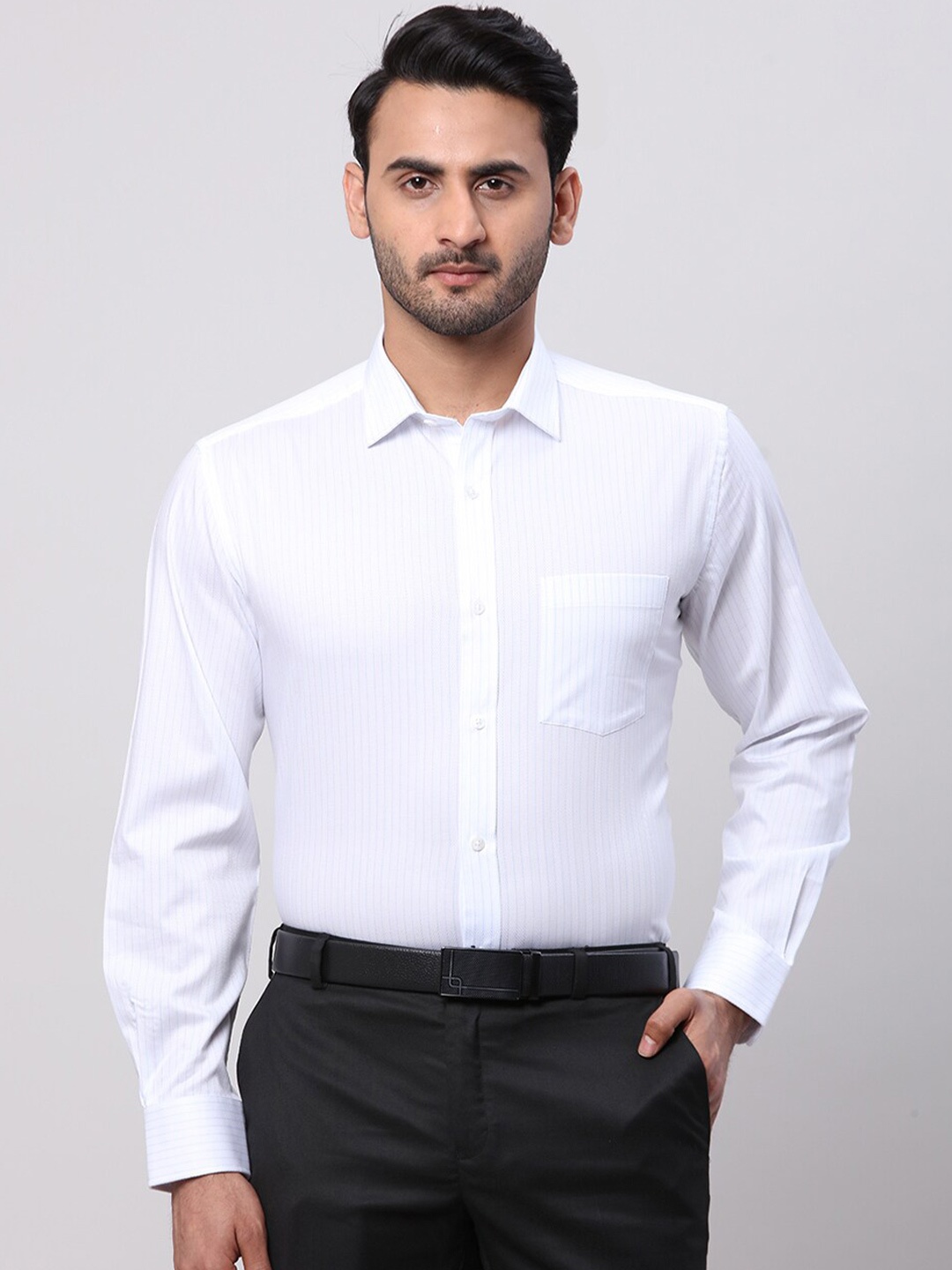 

Park Avenue Striped Spread Collar Long Sleeves Cotton Formal Shirt, White