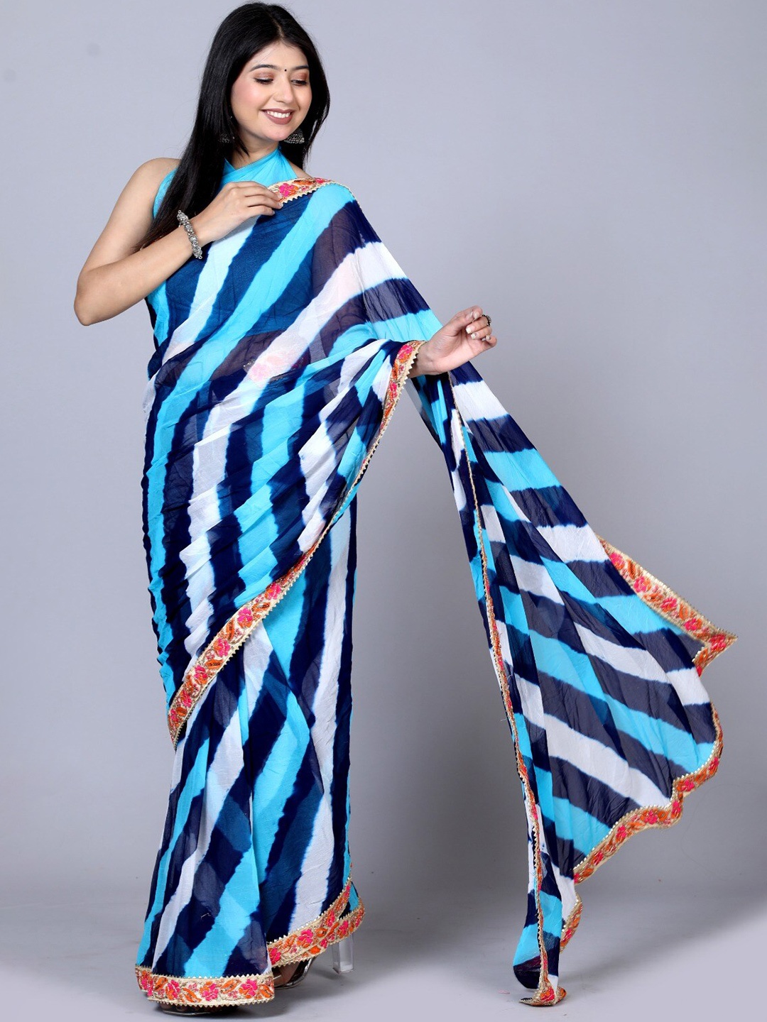 

VL SAREES Leheriya Printed Embroidered Pure Chiffon Block Print Saree, Blue
