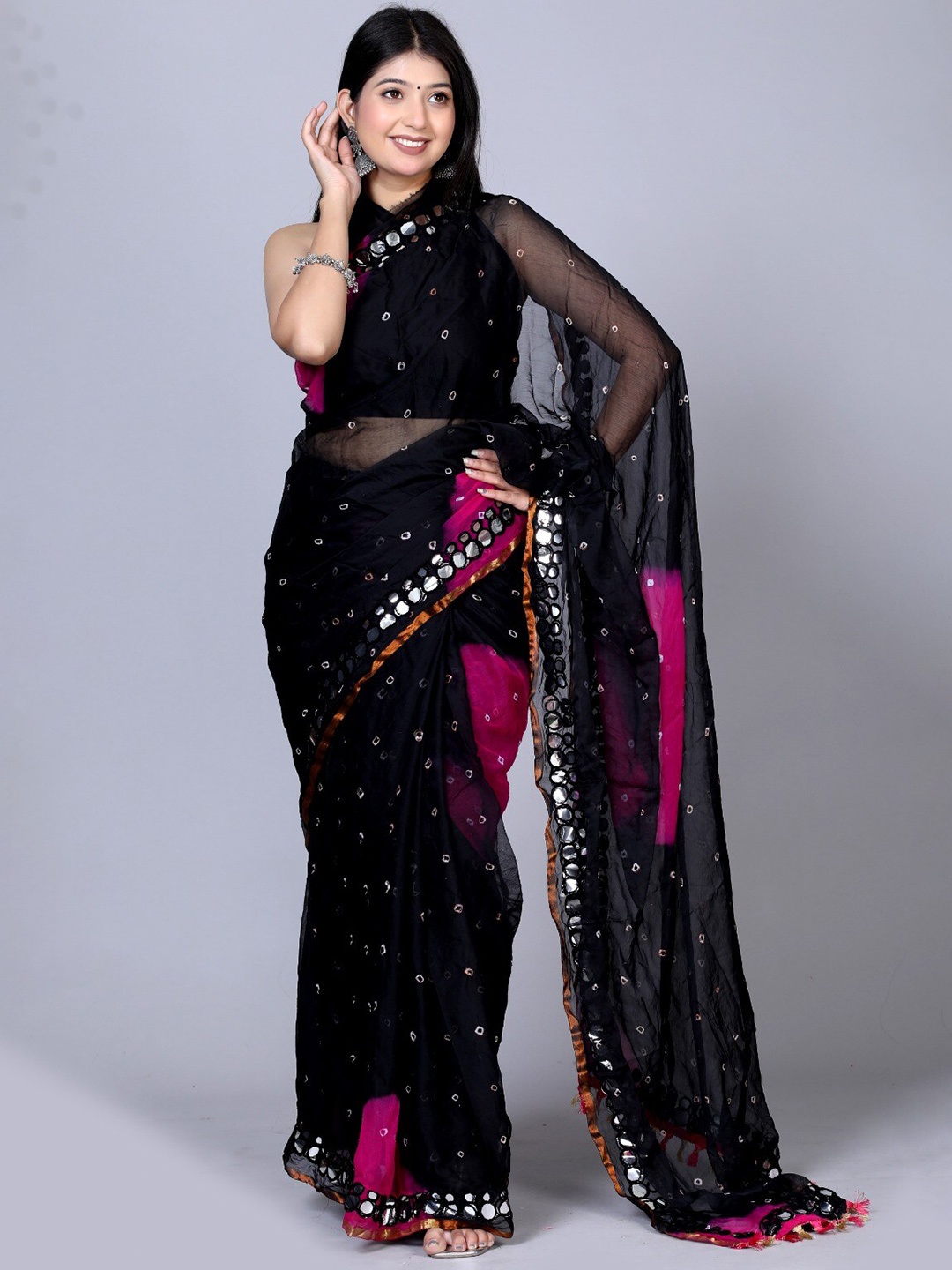 VL SAREES Bandhani Printed Mirror Work Pure Chiffon Block Print Saree, Black