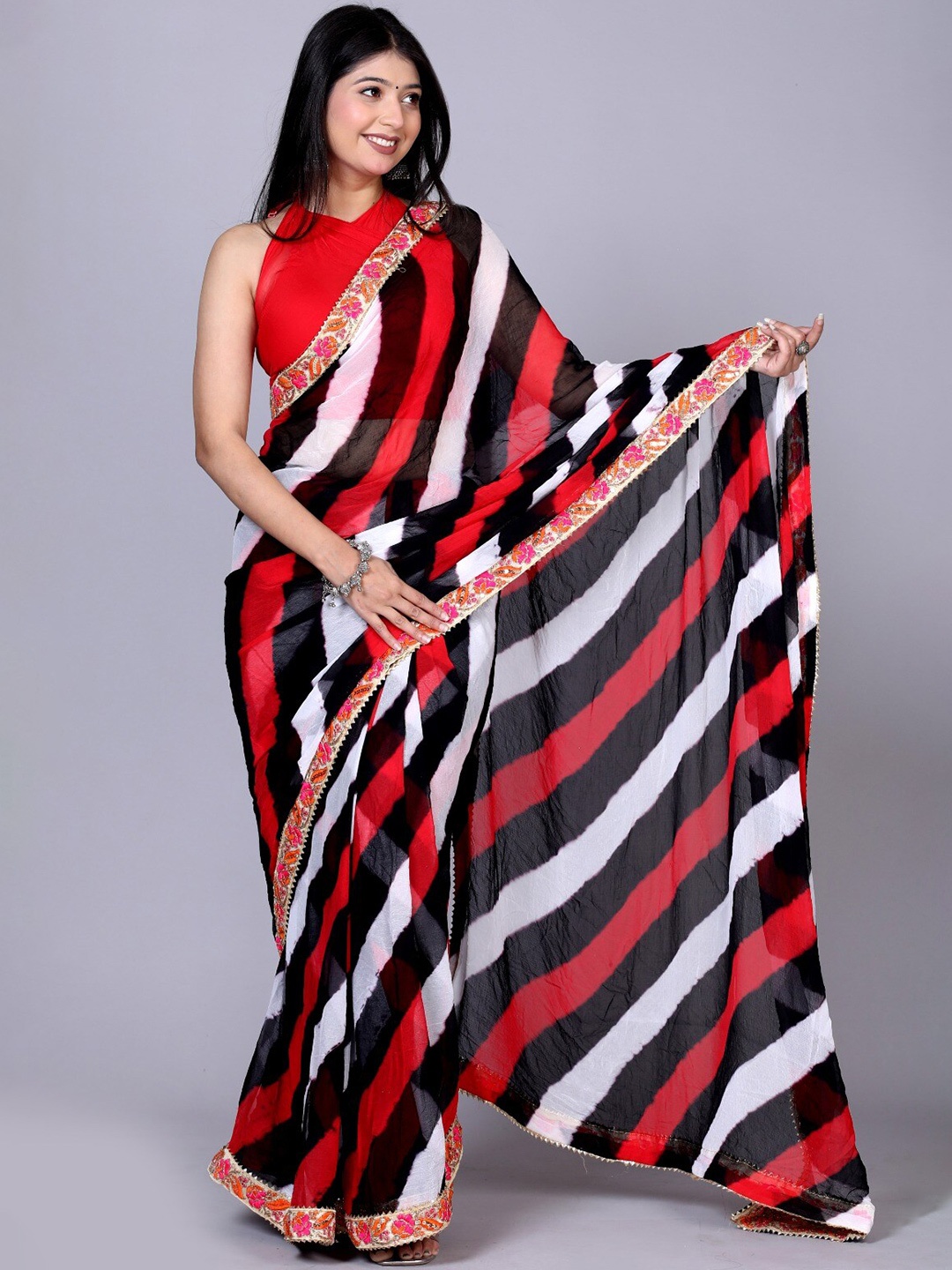

VL SAREES Embroidered Pure Chiffon Leheriya Saree, Black