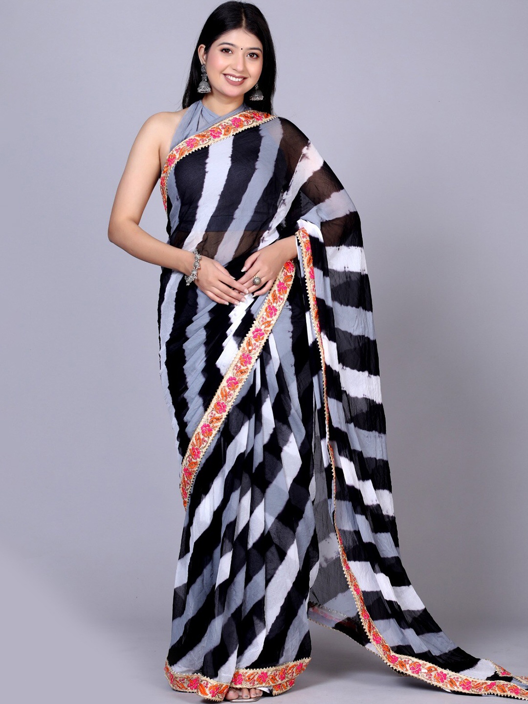 

VL SAREES Leheriya Printed Embroidered Pure Chiffon Block Print Saree, Grey