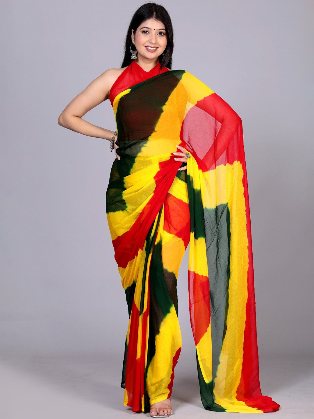 

VL SAREES Striped Pure Chiffon Leheriya Saree, Red