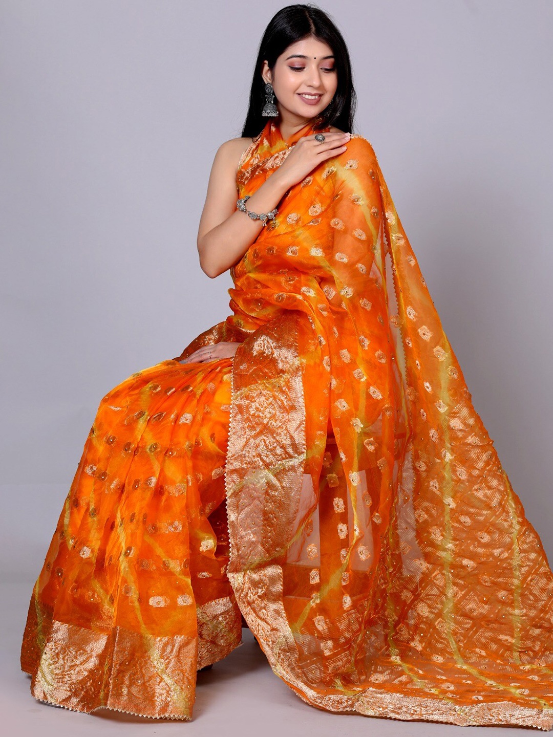 

VL SAREES Woven Design Beads and Stones Pure Chiffon Block Print Saree, Yellow