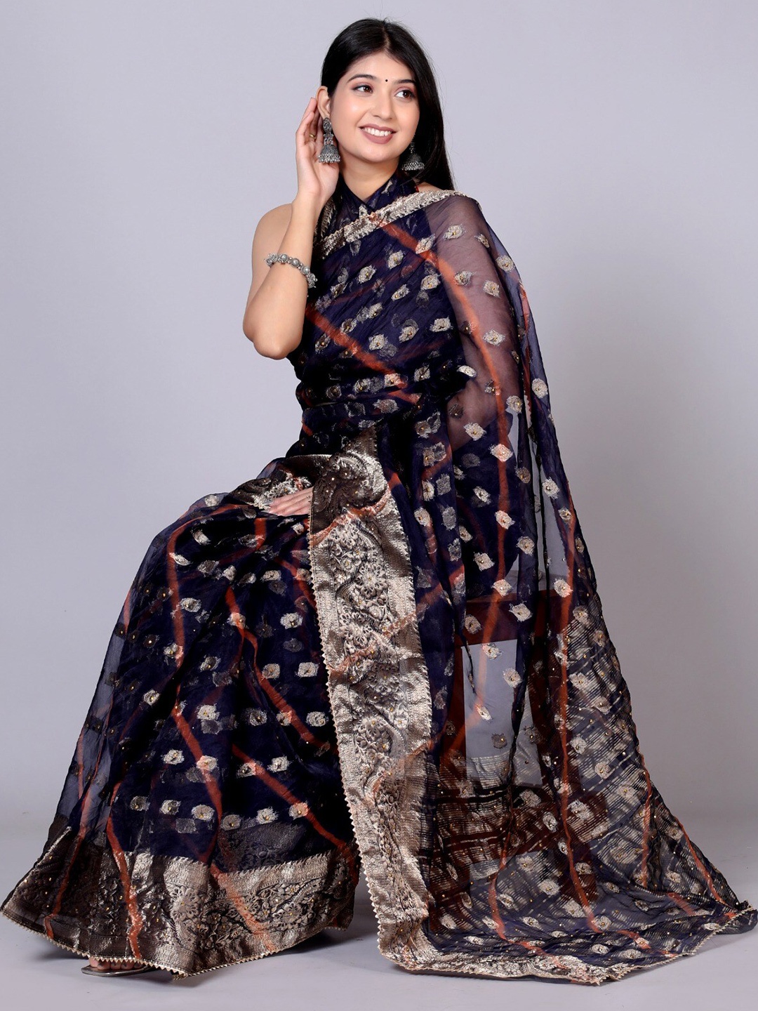 VL SAREES Woven Design Beads and Stones Pure Chiffon Block Print Saree, Blue