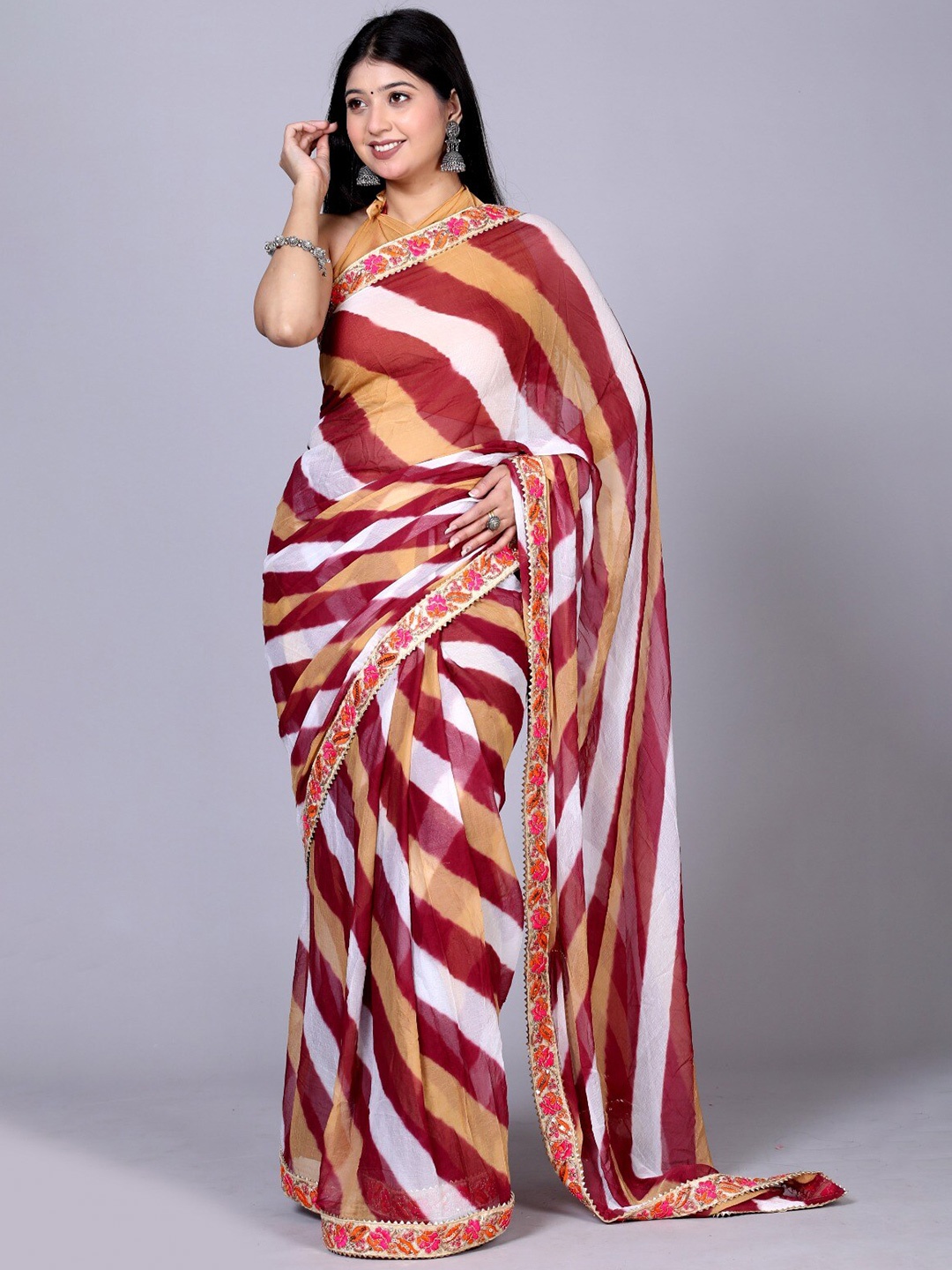 VL SAREES Printed Pure Chiffon Leheriya Saree, Maroon